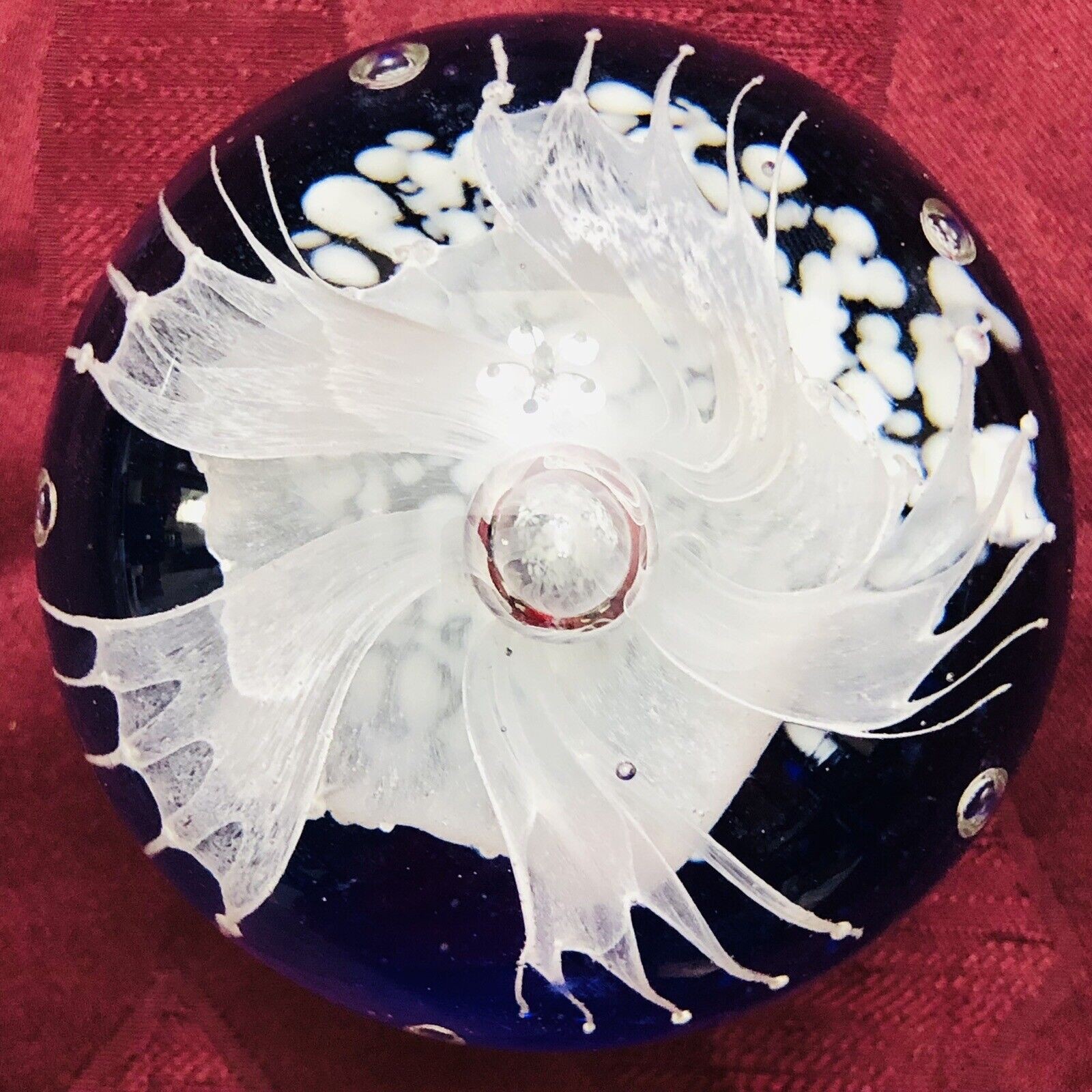 Blown Art Glass Paperweight White Lily Flower Cobalt BL. Silvestri Gift Decor ￼￼