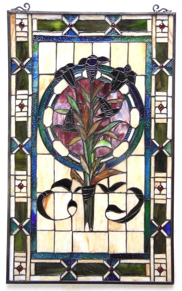 Stained Glass Window Panels Colorful Floral Tulips Tiffany Style MATCHING PAIR