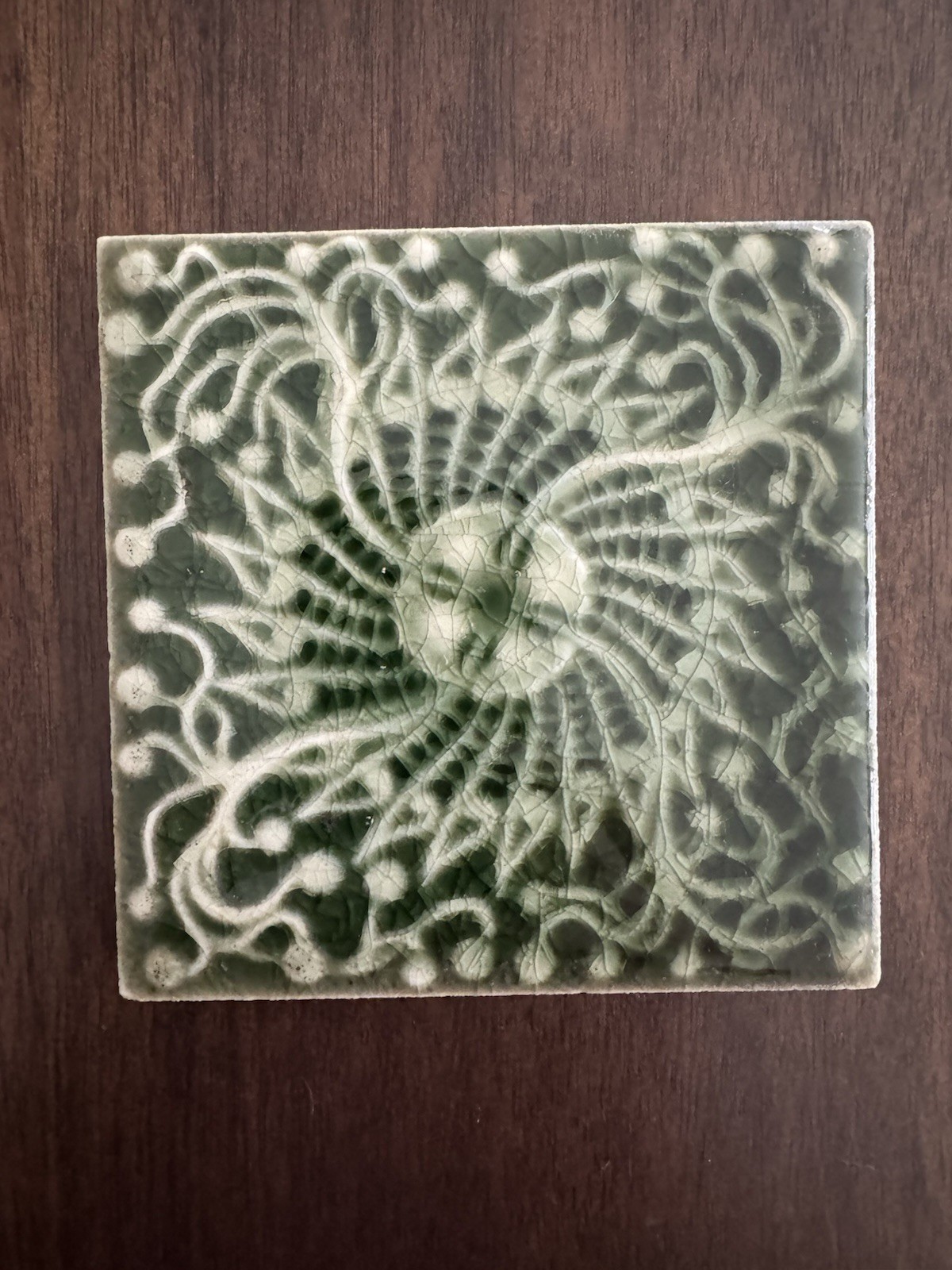 ANTIQUE SIGNED TRENT POTTERY CERAMIC GREEN TILE 4 5/16”
