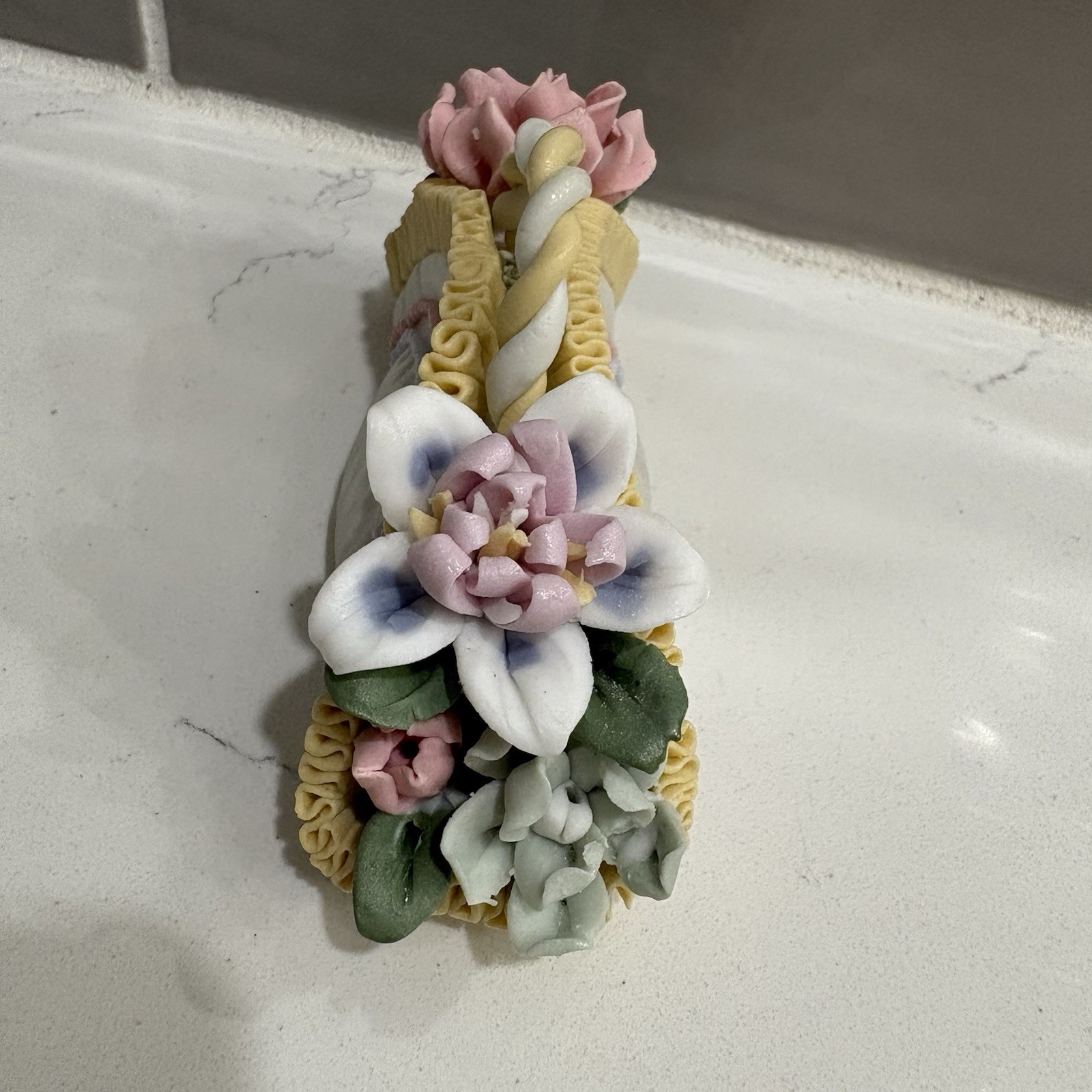 Vintage Decorative clay Flower Basket Figurine Pastel Roses Handle Accent