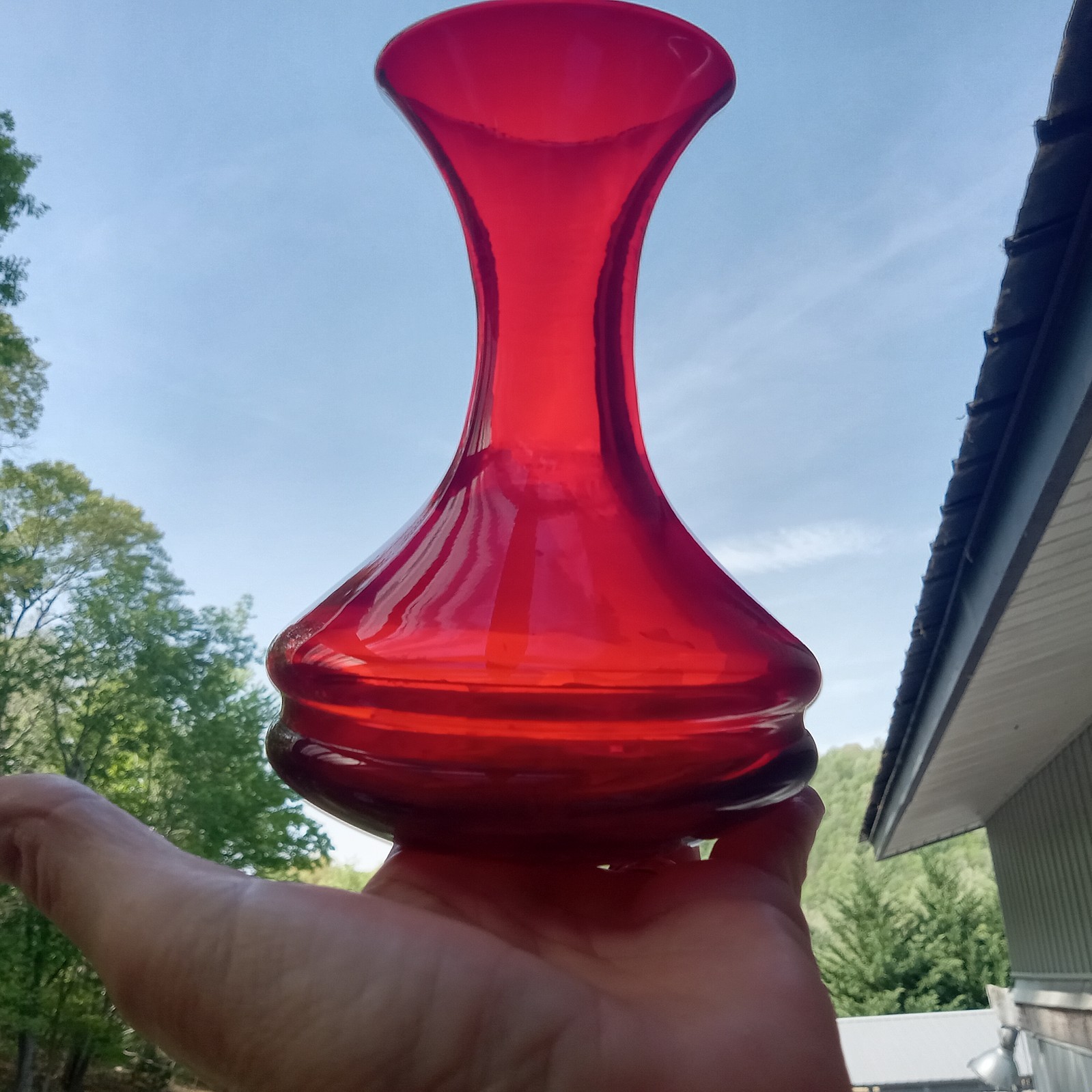 VTG Ruby Red Art Glass Hand Blown MCM Vase 5 3/8″ Flared Rim Bulbous Base Heavy