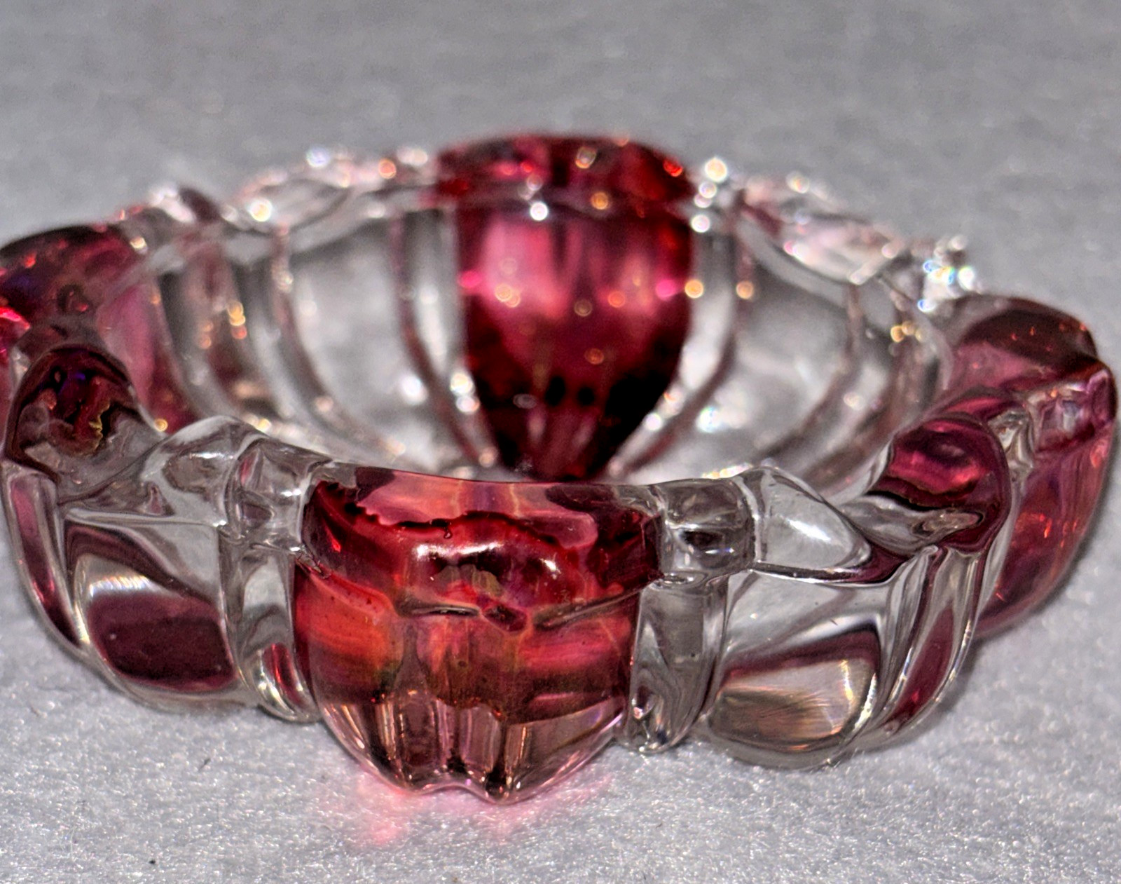 3 Cranberry Ruby Red Flash Clear Striped Peppermint Ashtrays RARE 3 Inch Size