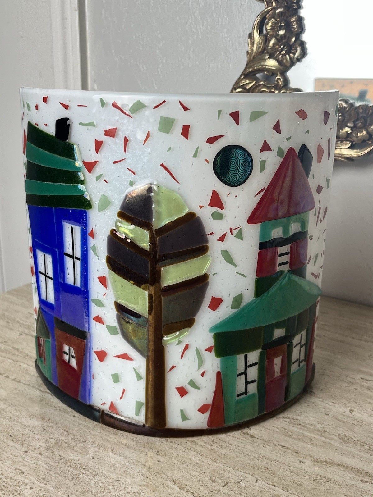 Fused Glass Art Houses Curved Sculpture 3D City Town Tree Abstract Centerpiece