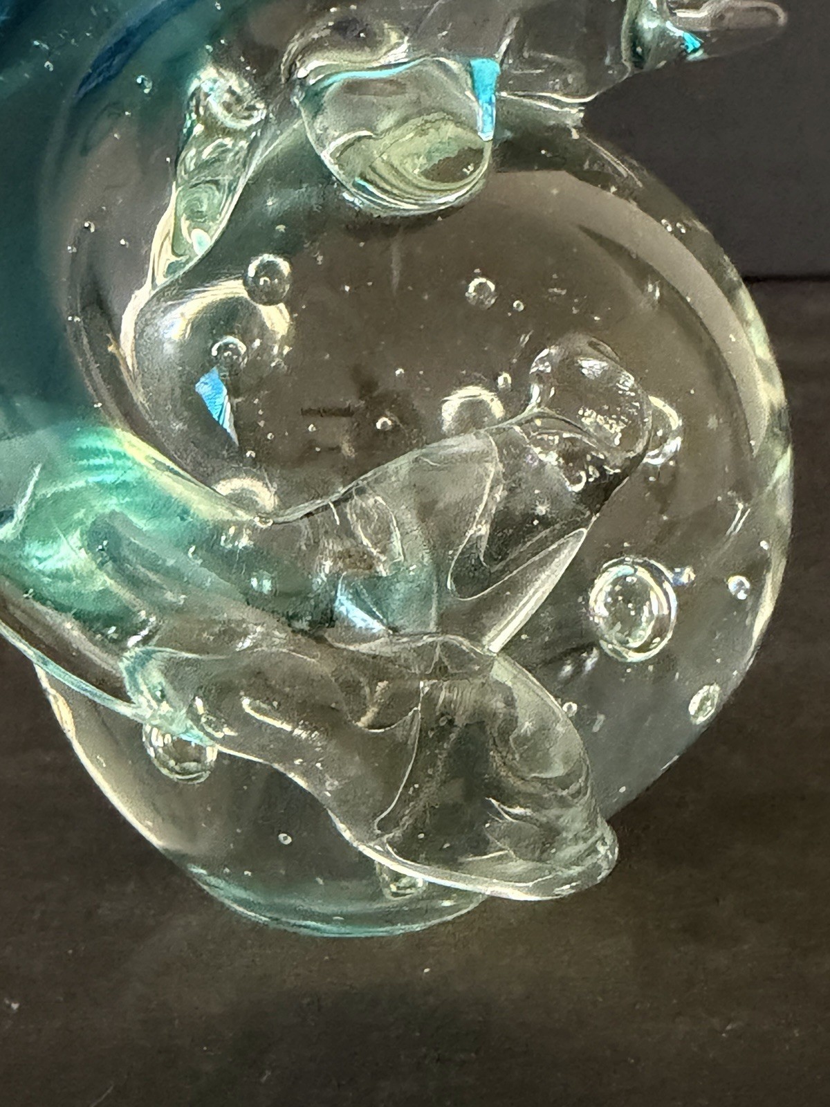 Blue Dolphin on Water Figurine Art Glass Paperweight Clear Bubbles Coastal 4”
