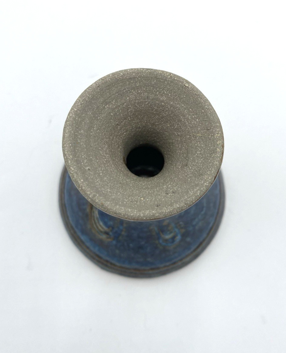 Studio Pottery Bud Vase, Blue Glaze, Brown Sgraffito Swag Design, 3.3″