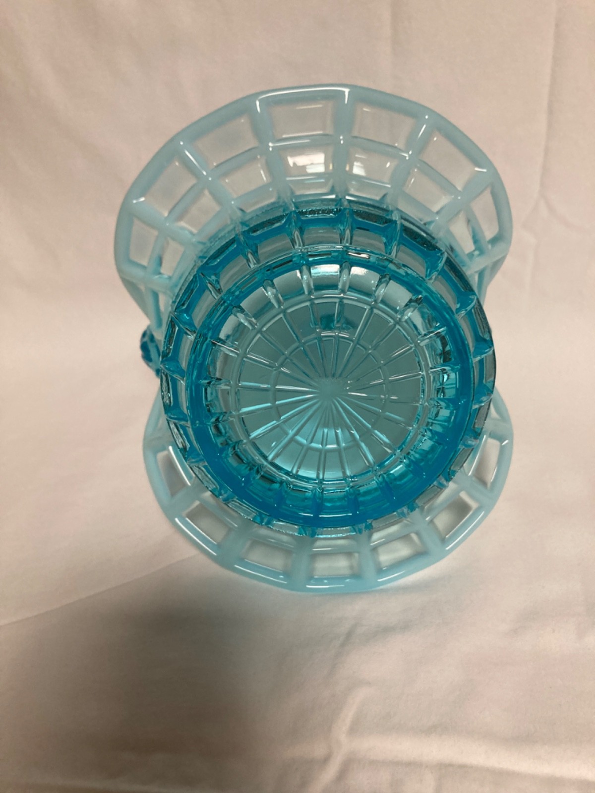 Fenton Waffle Glass Basket, Aqua Blue Opalescent, 1960 Beatty Waffle Pattern