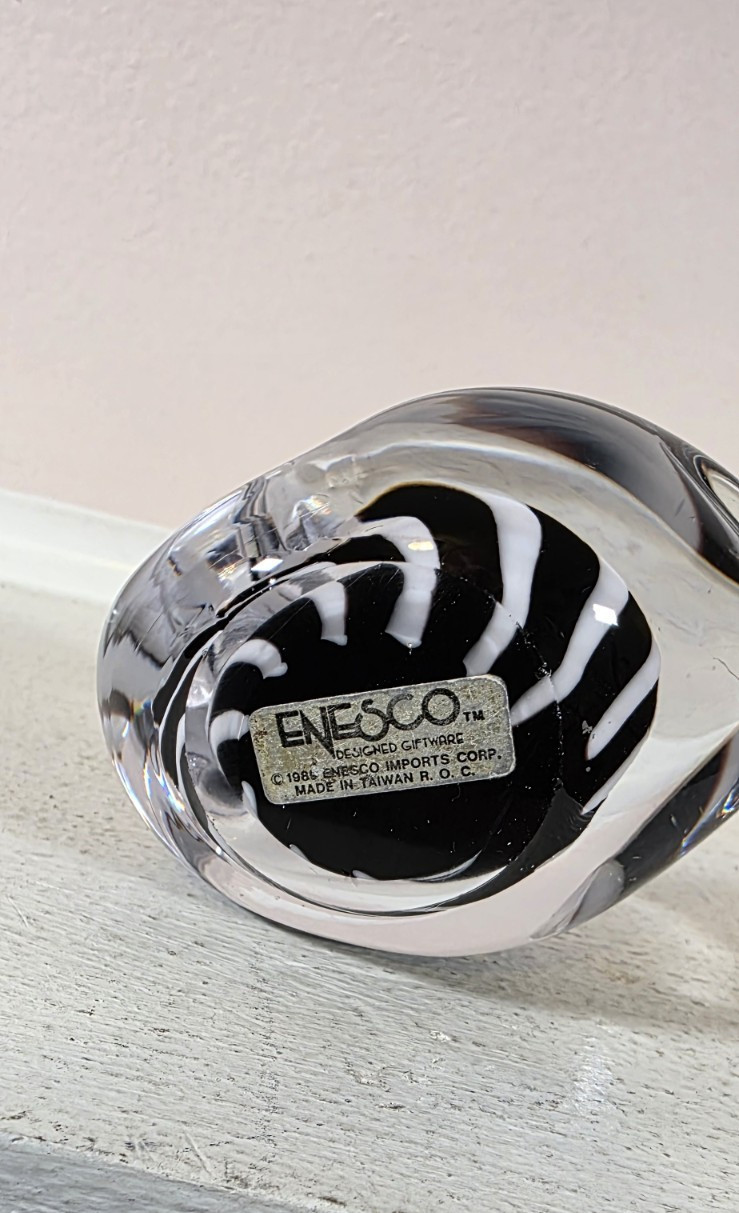 Vintage Enesco Clear Black White Swirl Hand Blown Glass Duck