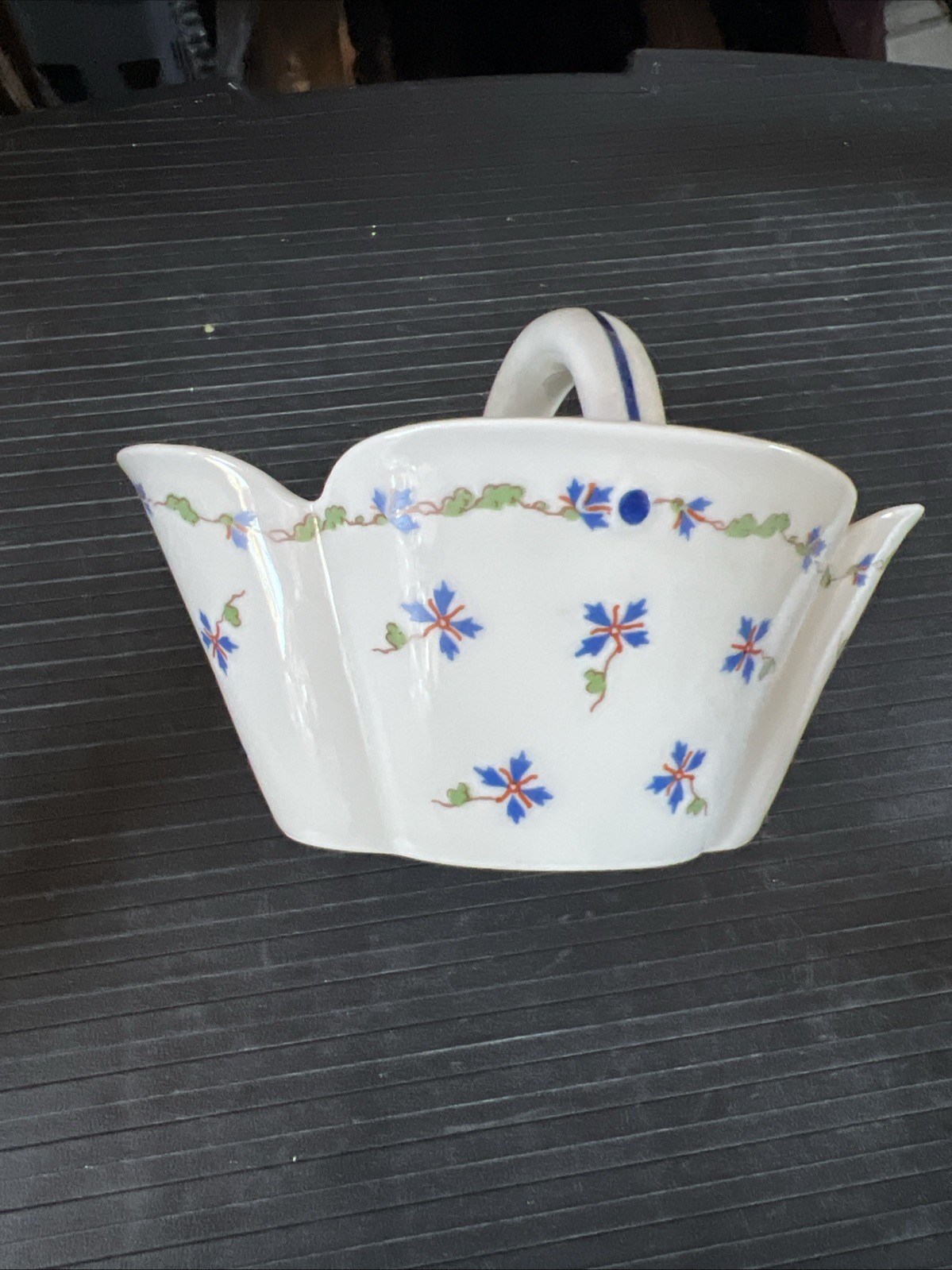 Haviland Limoges Basket Candy Trinket Dish Blue Floral w/Blue Stripe Handle Exc