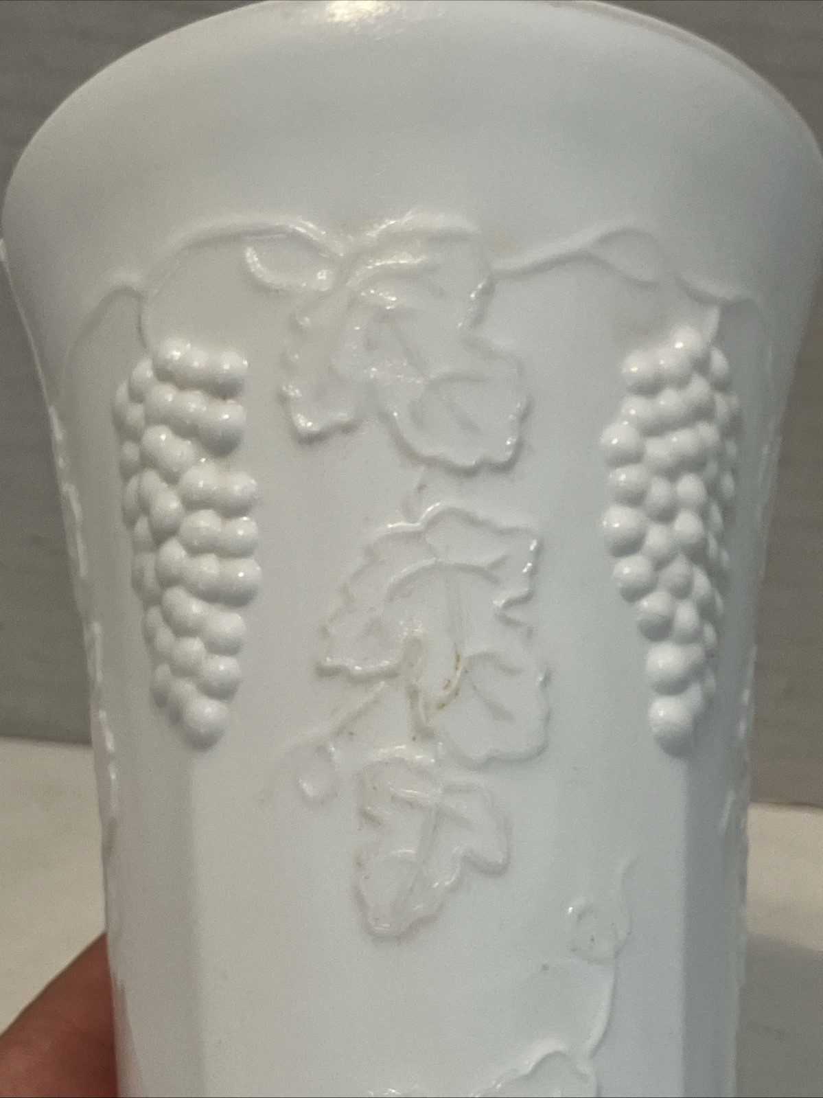 Vintage Milk Glass with Pedestal Base, Vase with Grape Vine Design 9.75″ Tall