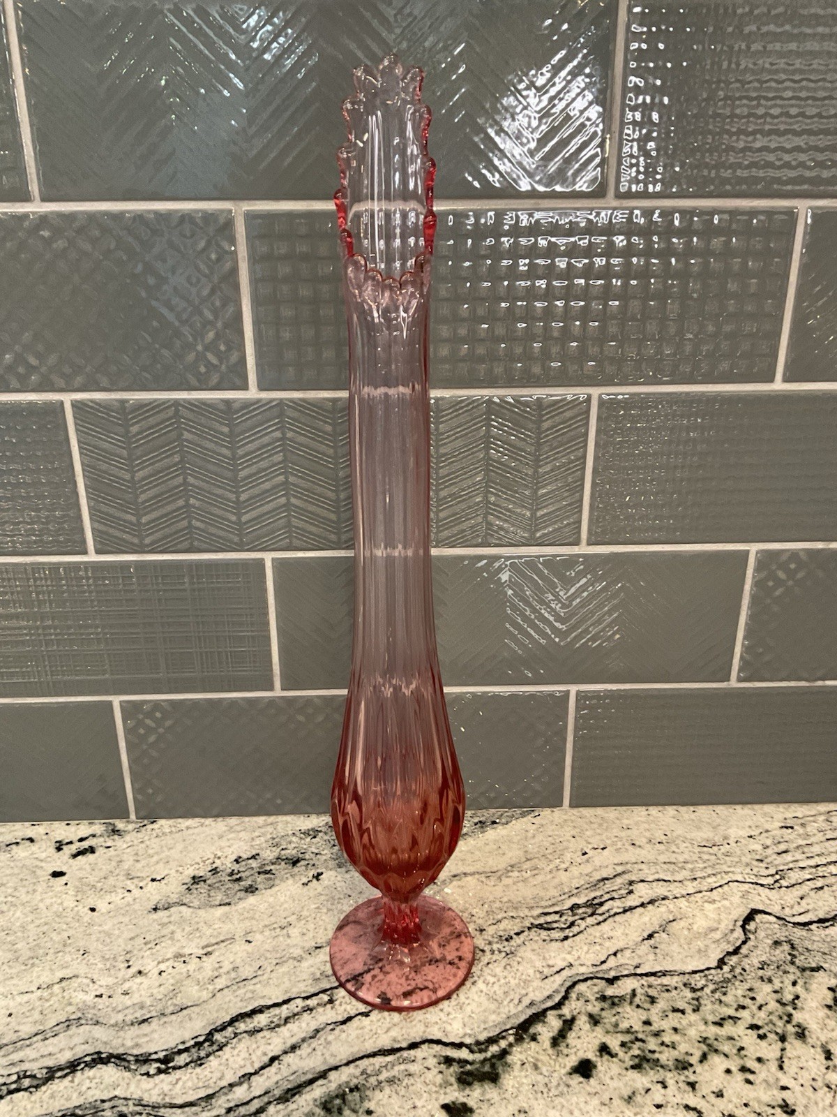 Fenton MCM Colonial Pink Swung Vase Thumbprint 18 Inch Tall