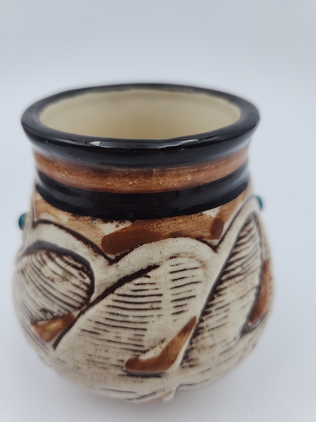 Vintage Planter Brown Cream Pottery Pueblo Line Pattern Treasure Craft Cachepot