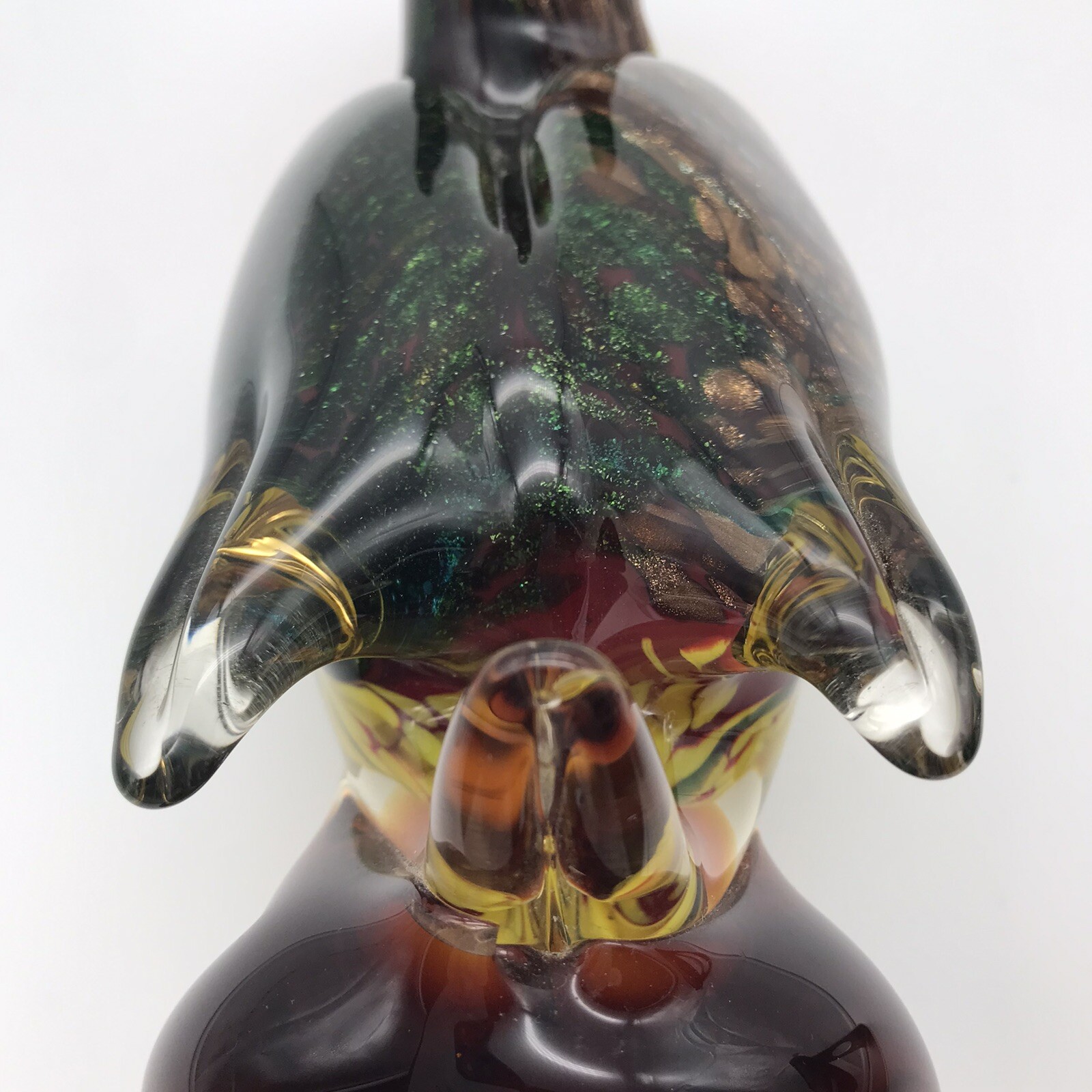 Art Glass Pelican Bird Animal Colored Flecks Green Yellow Amber Color Heavy READ
