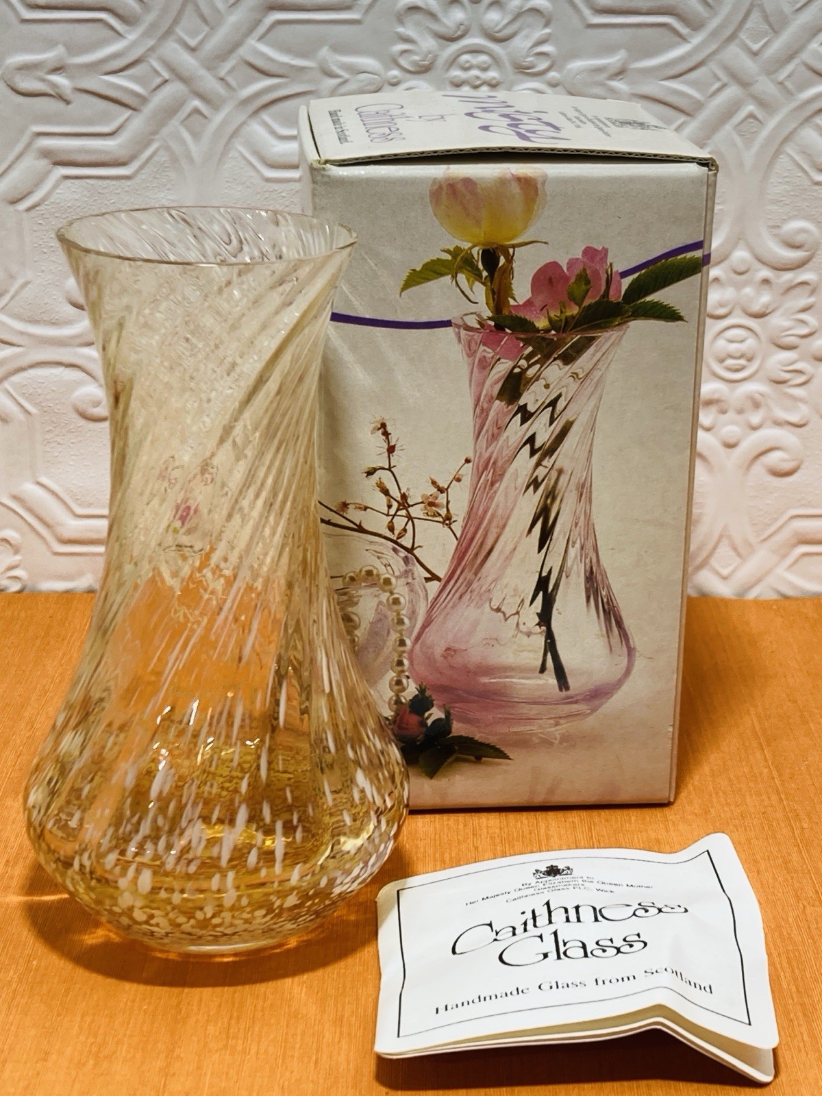 VTG Caithness Misty Glass Peach Handcrafted Scotland Vase 5″ Heavy