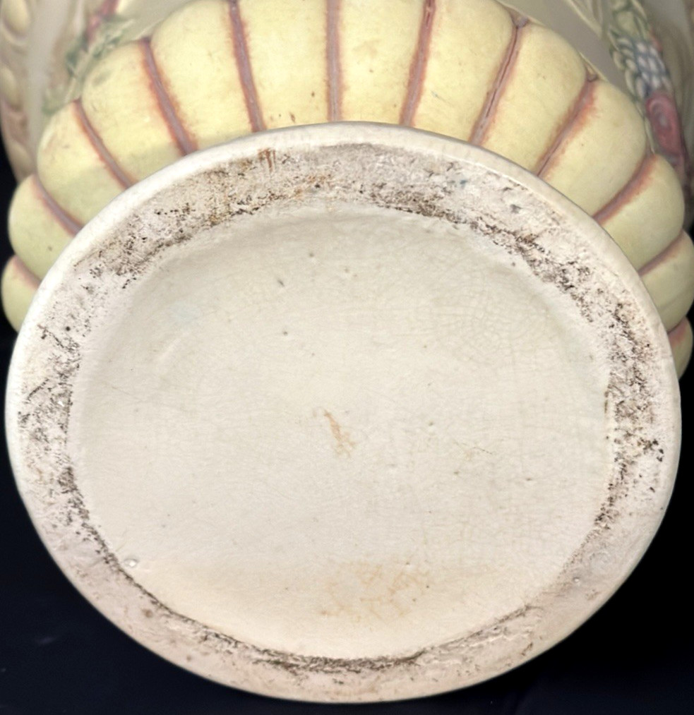 WELLER POTTERY ROMA FOOTED PLANTER WITH LION FACES & FLOWERS….GREAT MOLD!