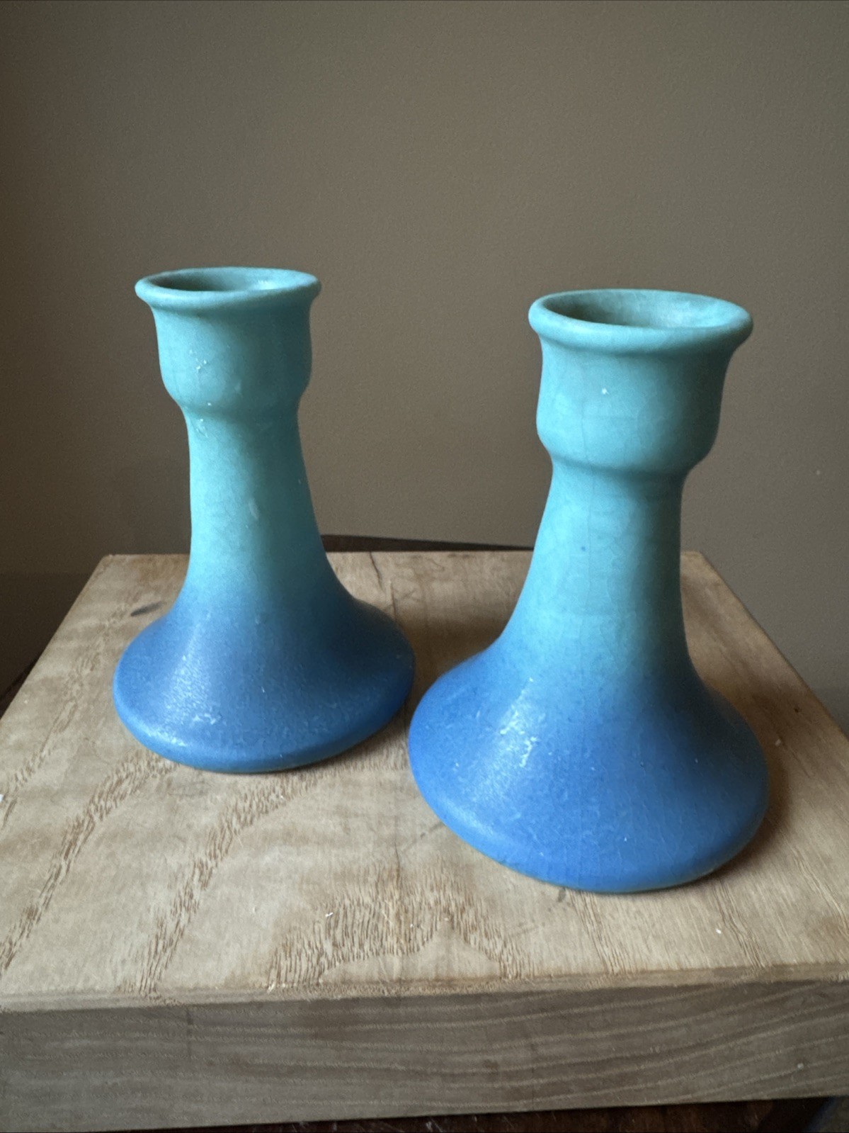 Vintage Van Briggle Ming Blue Art Pottery Candlestick Holders Pair 4.5 Inches