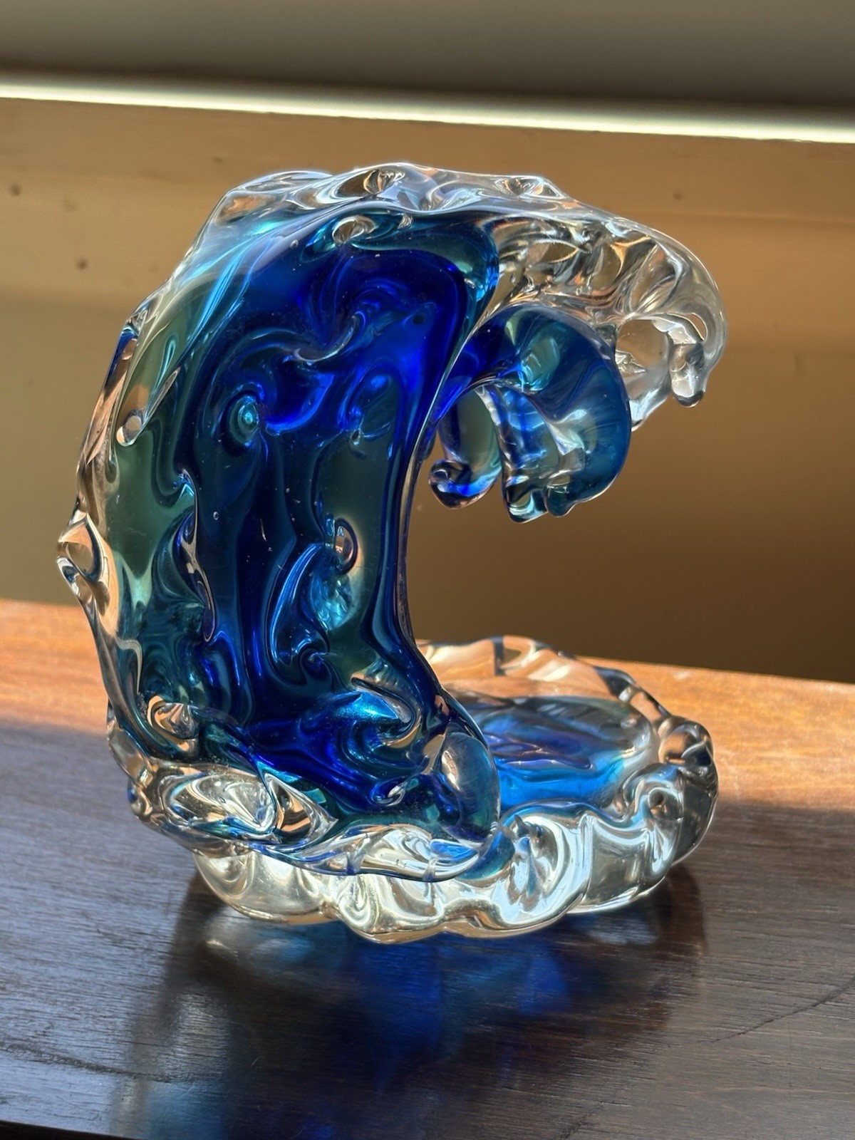 Hand Blow Rolling Ocean Coastal Table Top Nautical Art Glass Decor Blue