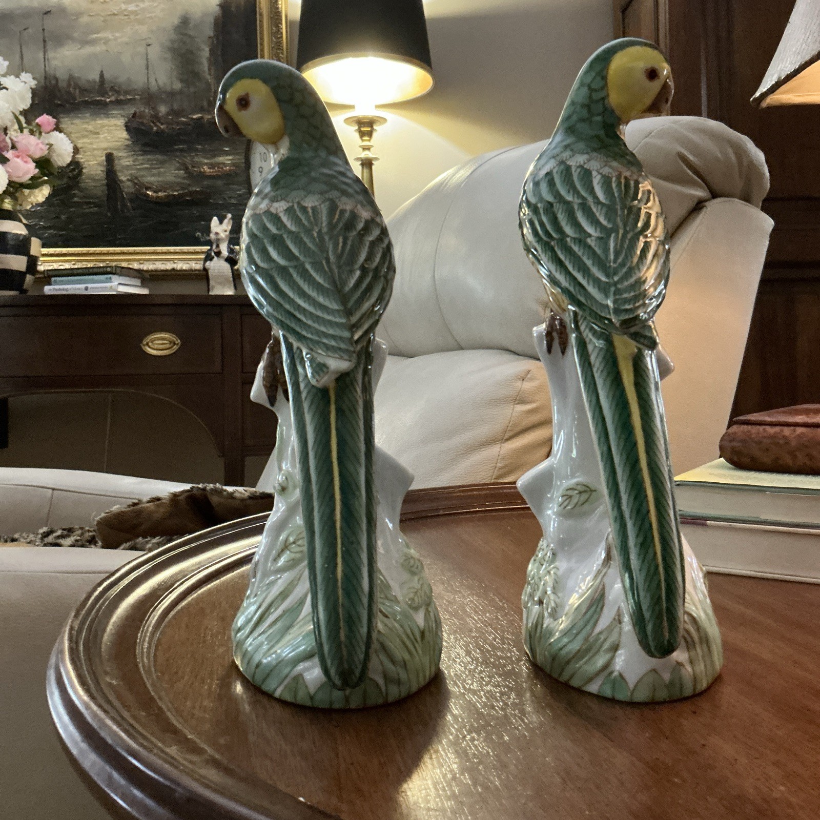Vintage mid-century Gump’s San Francisco Hand Painted Porcelain Parrot Figurines