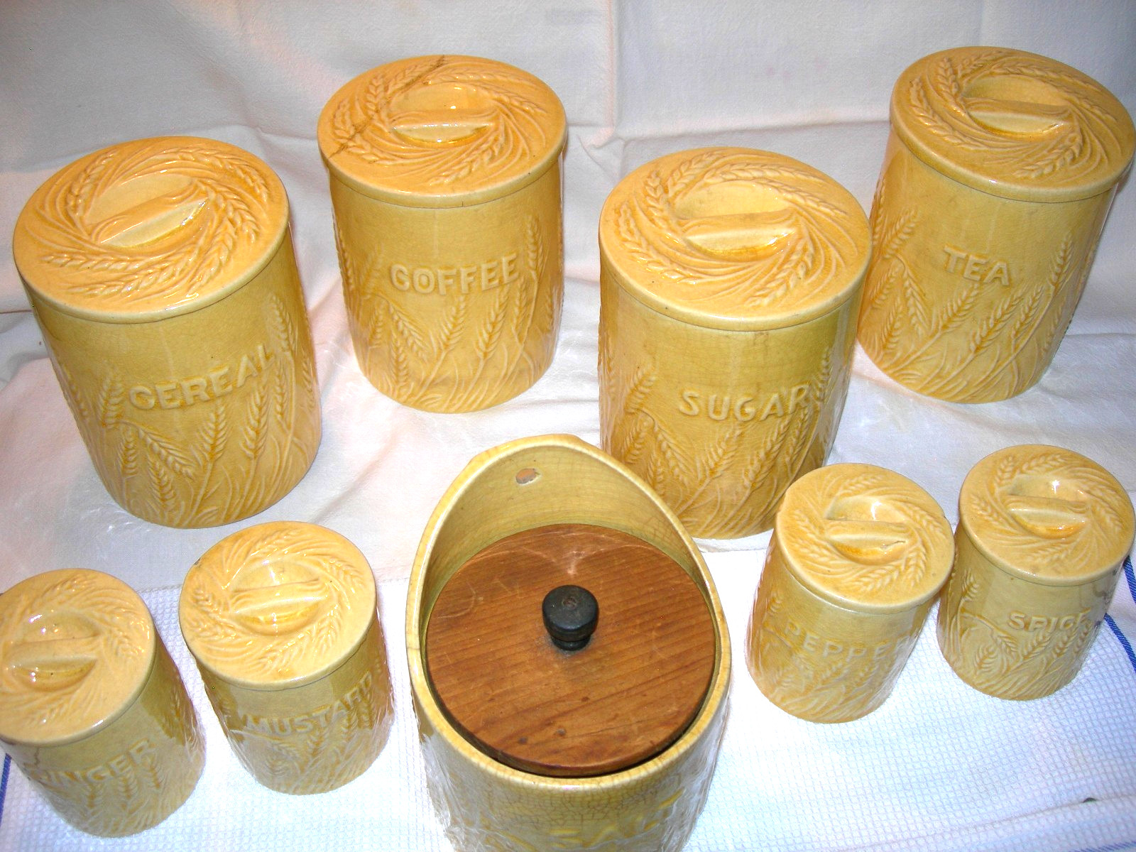 Antique Hull Pottery 9 pc Cannister Set Wheat Design RARE