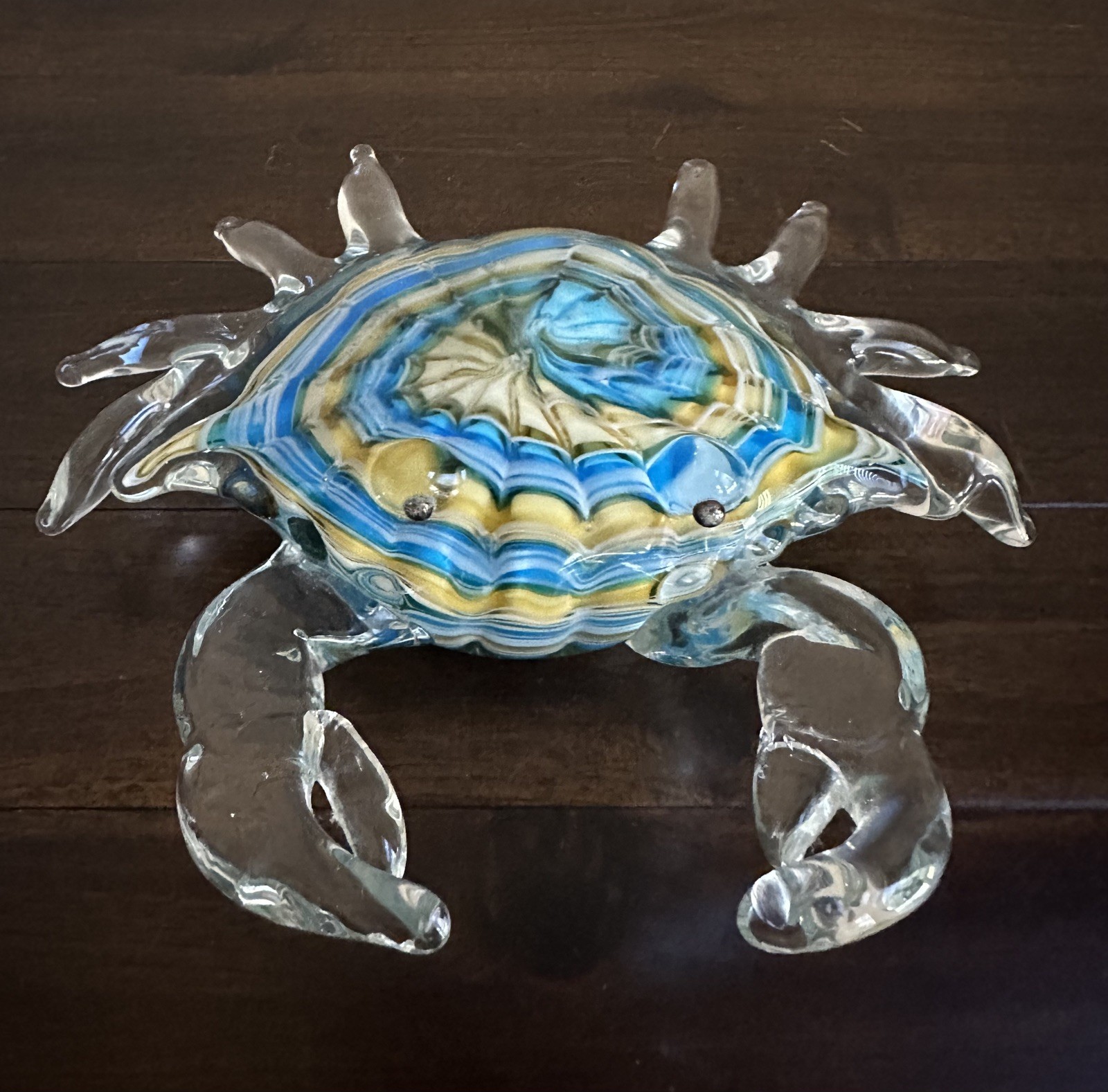 Hand Blown Glass Crab Figurine/Ocean/Beach/Sea Decor-Blue/Yellow/White-7”