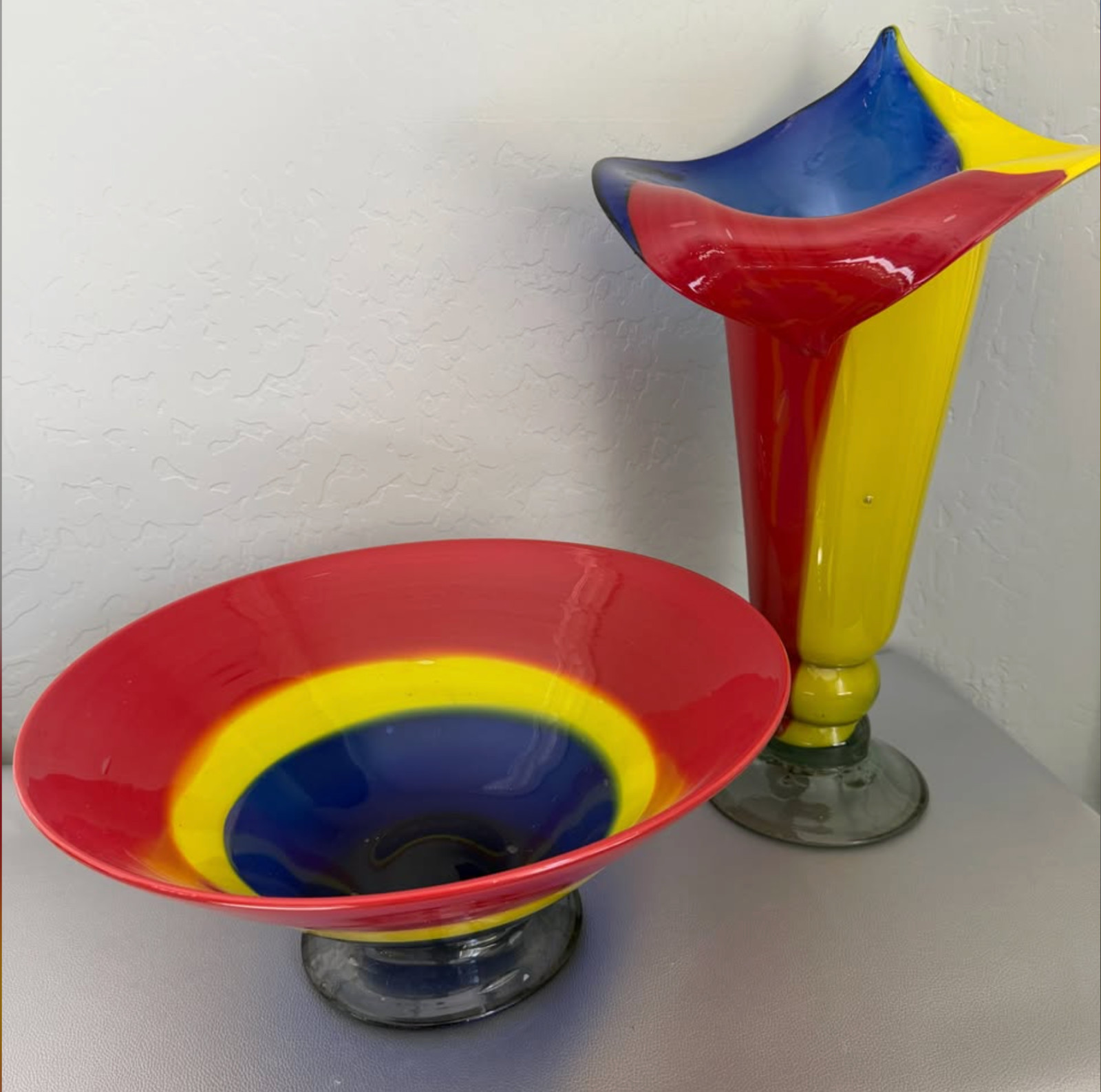 HUGE 18″ Postmodern Art Glass Vase & 14″ Bowl Set Primary Colors Memphis Style