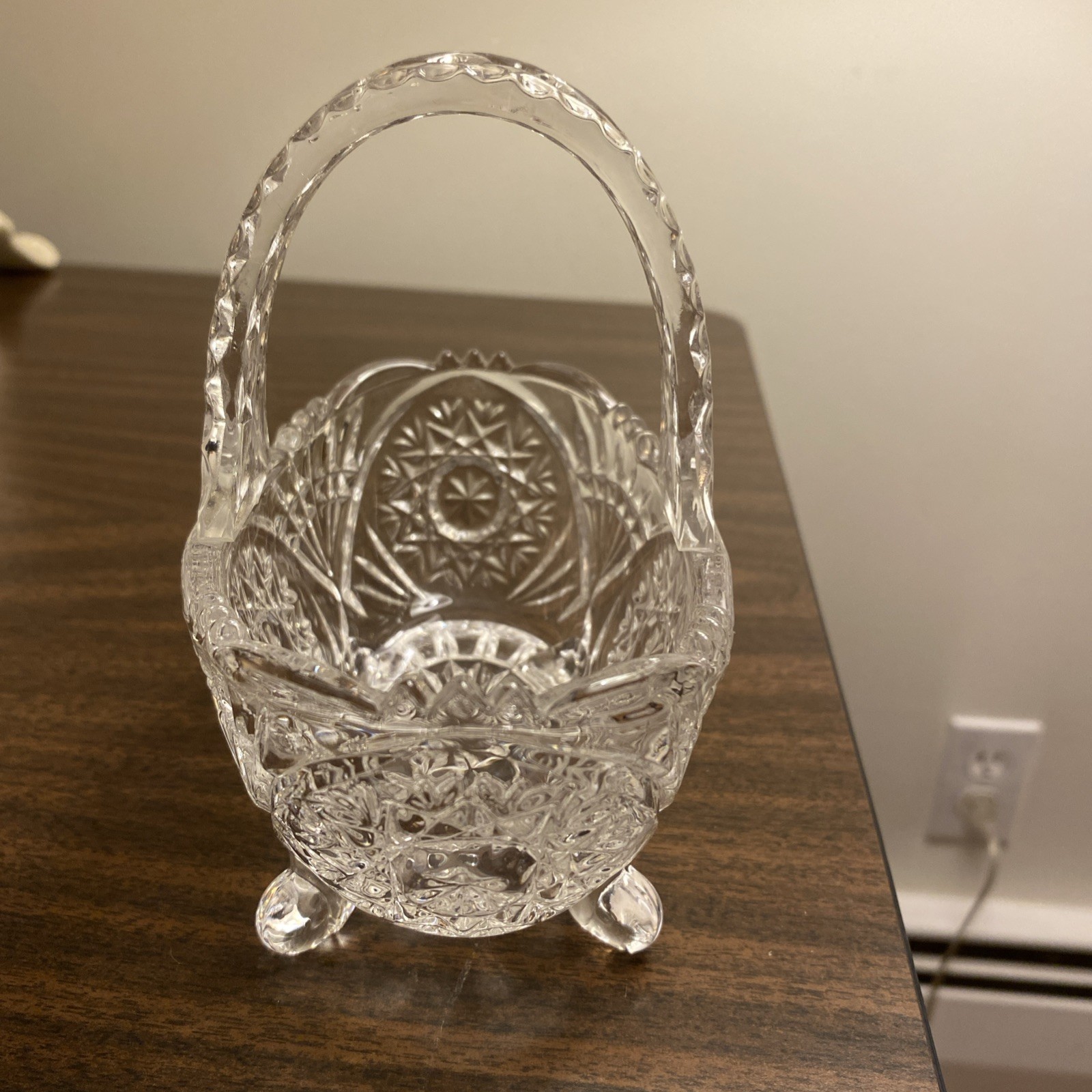 Vintage Candy Dish Basket Shaped Glass Bowl With Handle Cut Glass