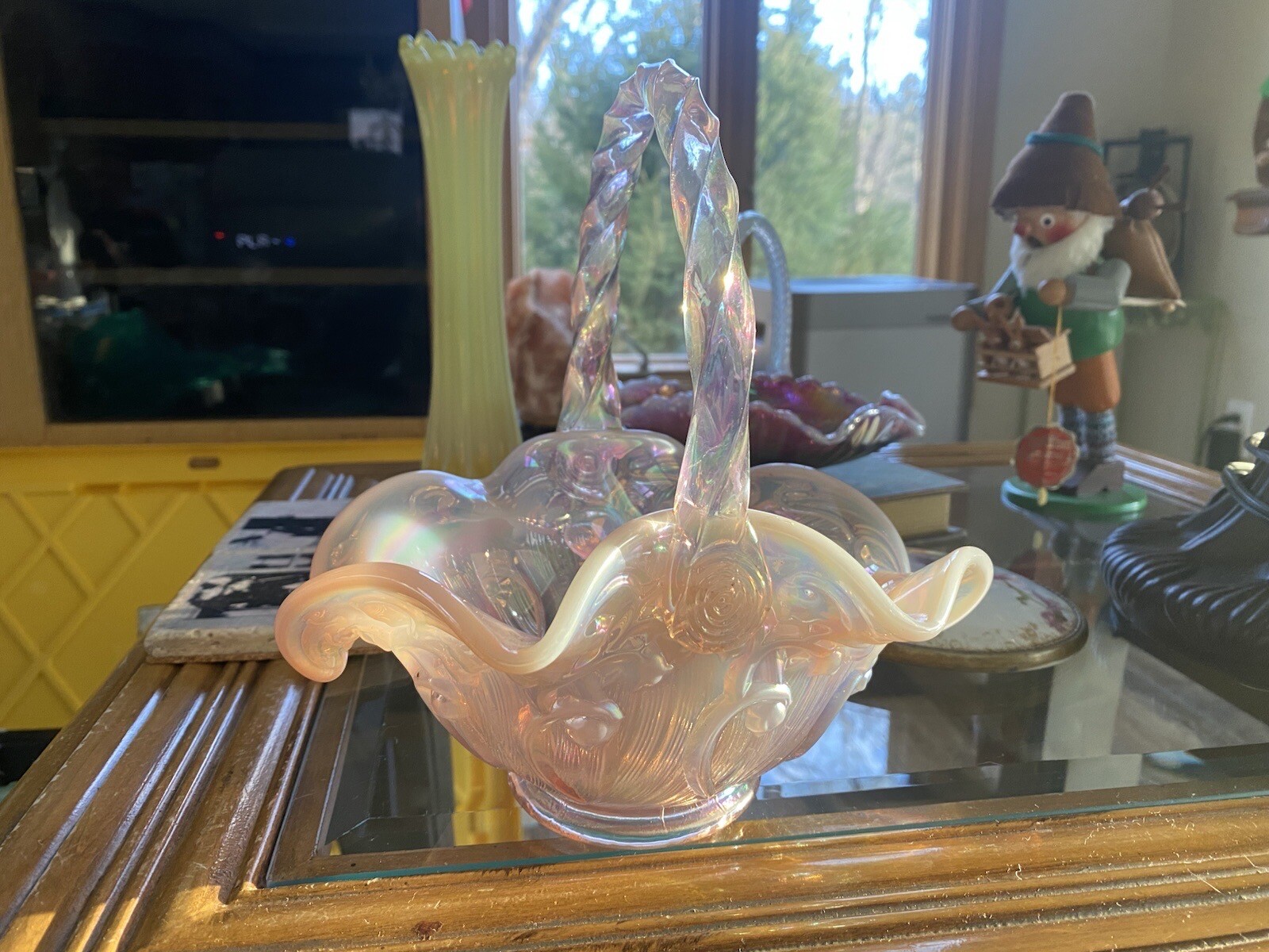 Fenton Lily Of The Valley Basket Champagne Opalescent Pink Twist Handle Easter