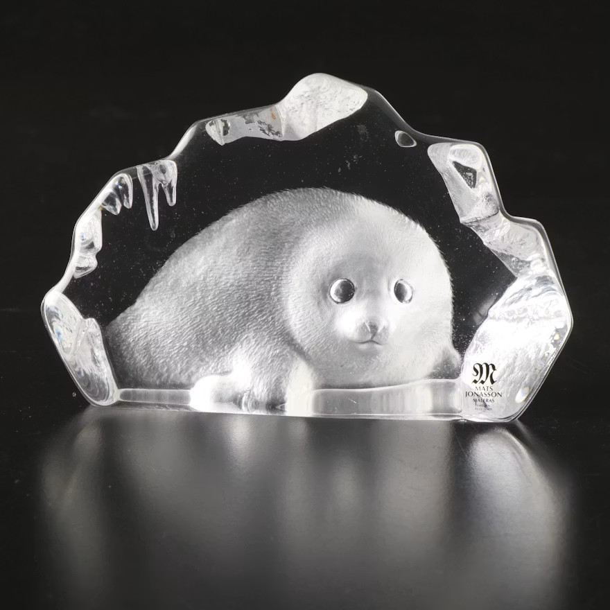 Mats Jonasson Lead Crystal Baby Seal Paperweight Sculpture Sweden