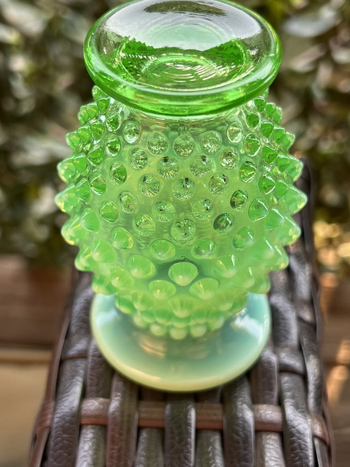 Vintage Fenton Uranium Hobnail Opalescent Green Glass Vase GLOWS