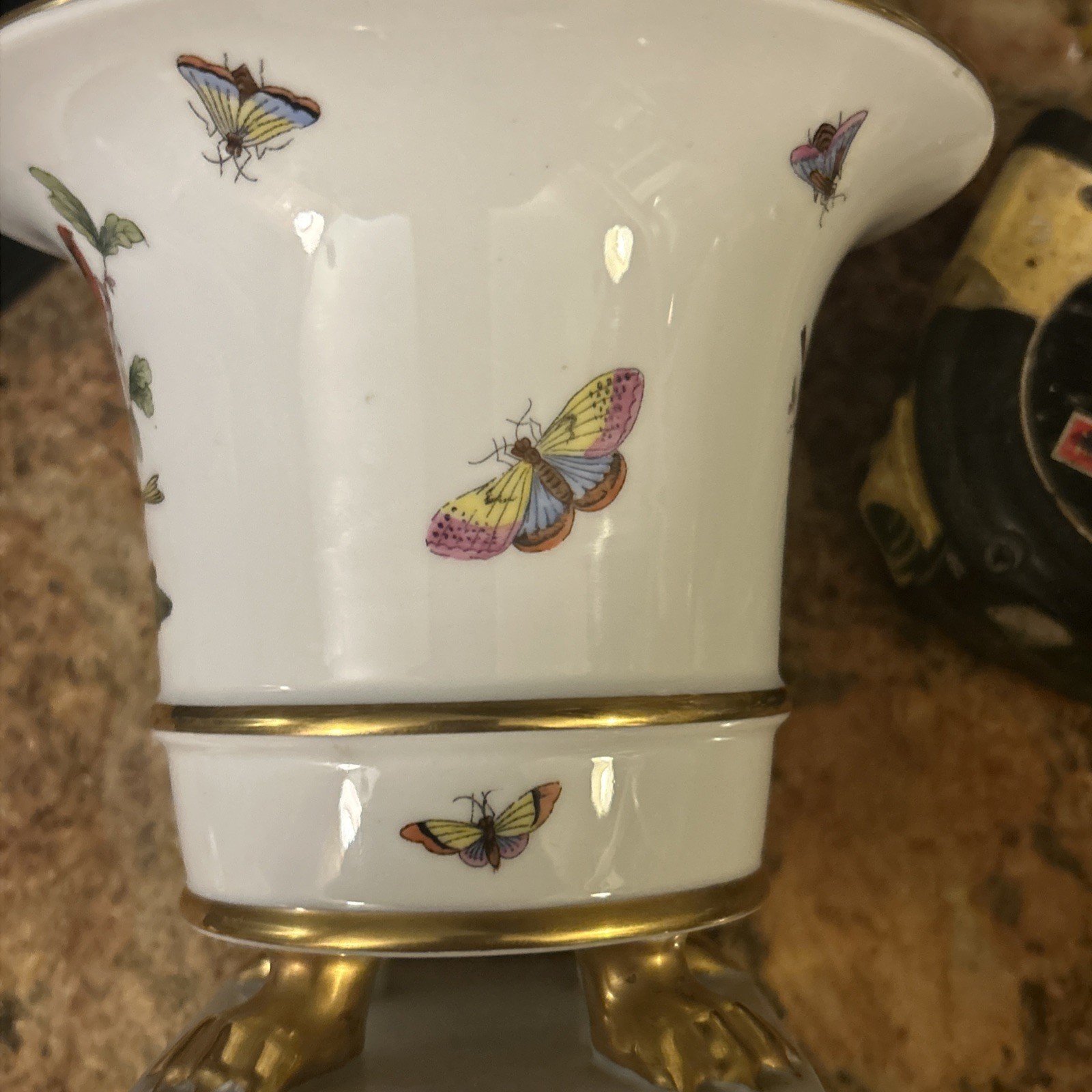 Herend Rothschild 24kt Gold Gilt BIRD Empire Vase/Cachepot #6402 Gilded Paw Feet