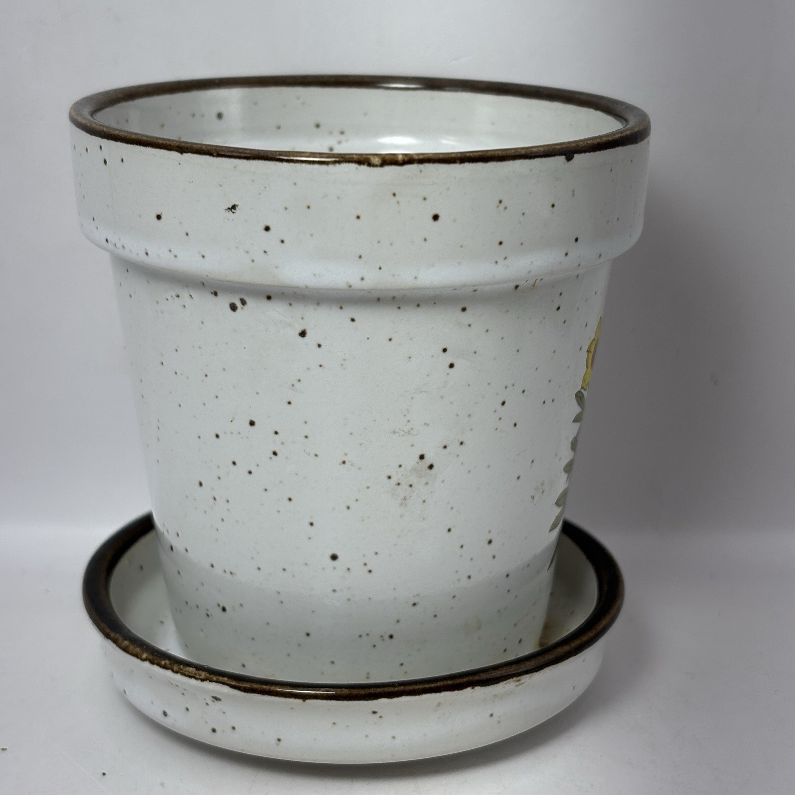 Speckled Pottery Flower Pot and Attached Saucer WILD FLOWERS 4″ Vintage Japan