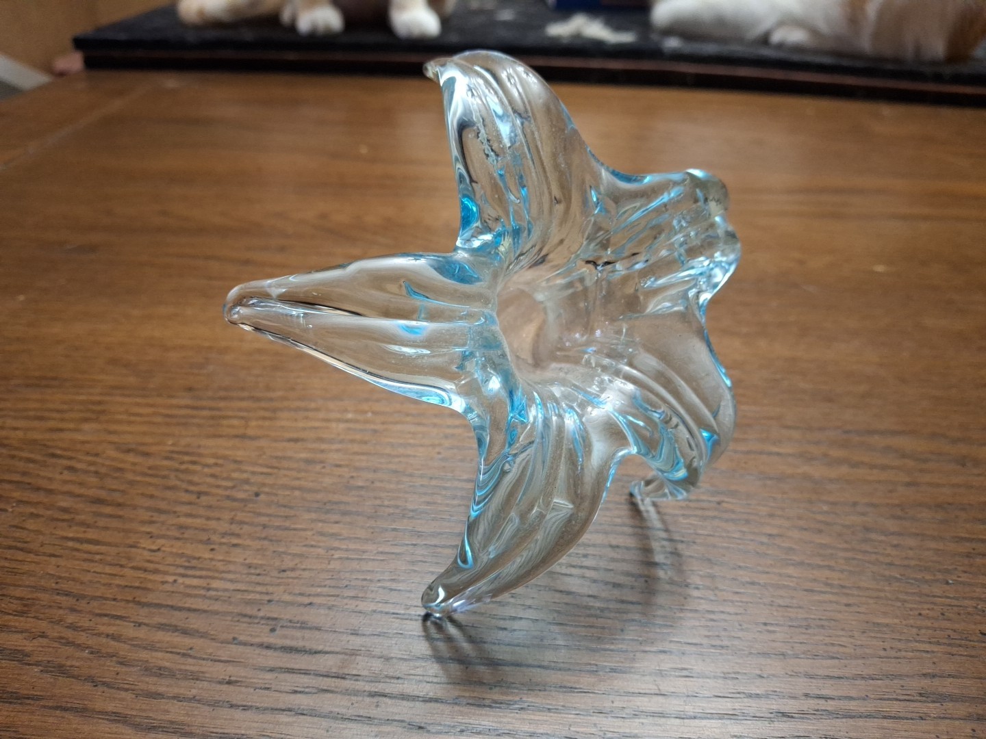 Vintage Glass Epergne Horn Vase Hand Blown/Hand Stretched Aqua Blue/Lily