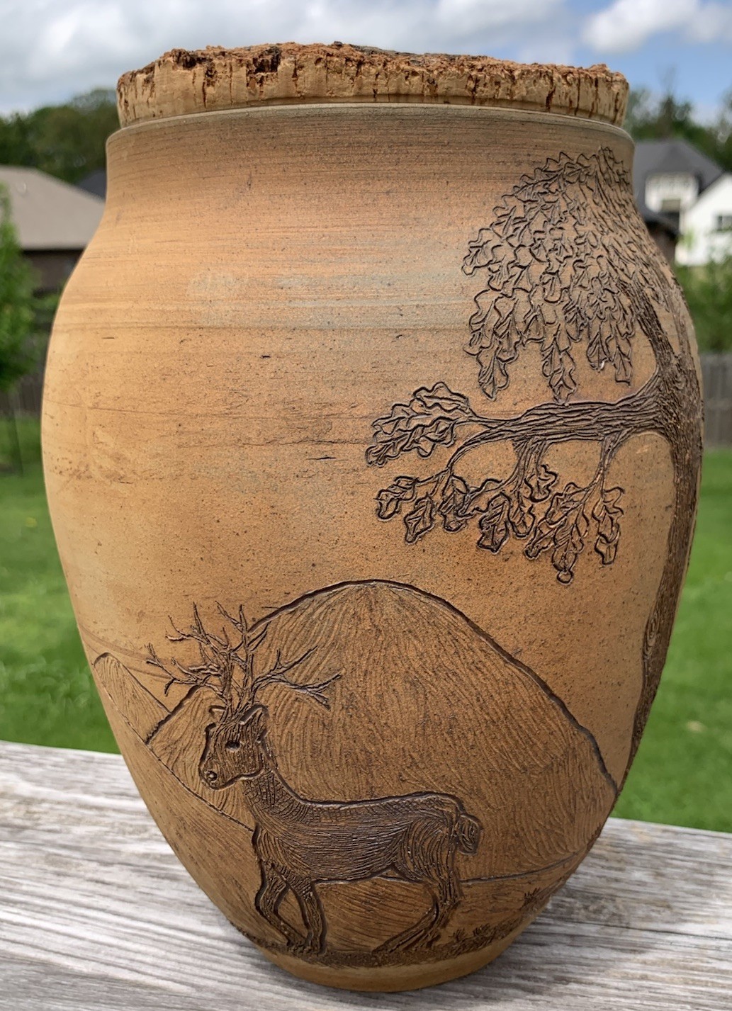 Lg Southwestern MH Studio Pottery Vase Tree Cap Mountains Deer Lidded 11” Signed