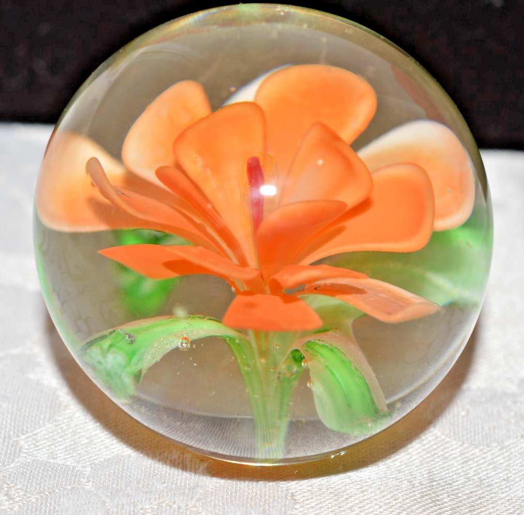 Murano Art Glass Apricot Color Flower Paperweight, 1 3/4 x 1 3/4