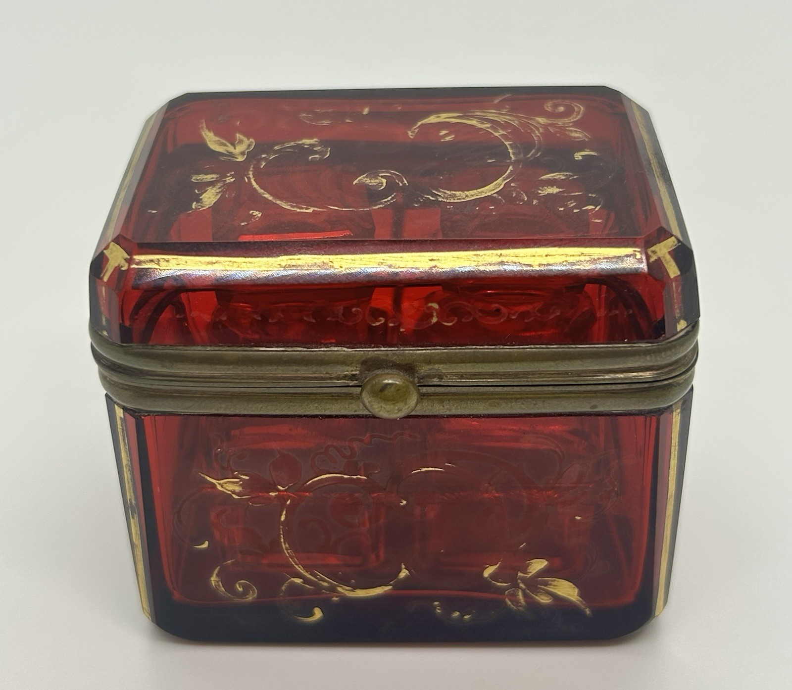 Antique 19th Century Glass Cranberry/Ruby Perfume Casket Box W/2 Glass Bottles