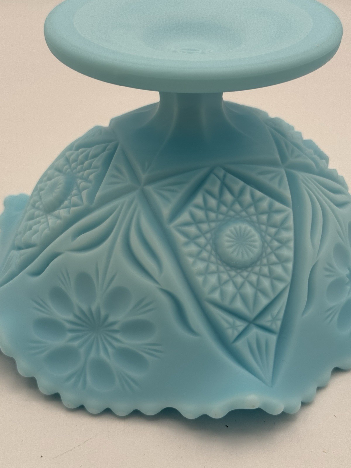 Indiana Glass Bowl Compote Satin Blue 4” “Inside Drapery Design” Marked VTG