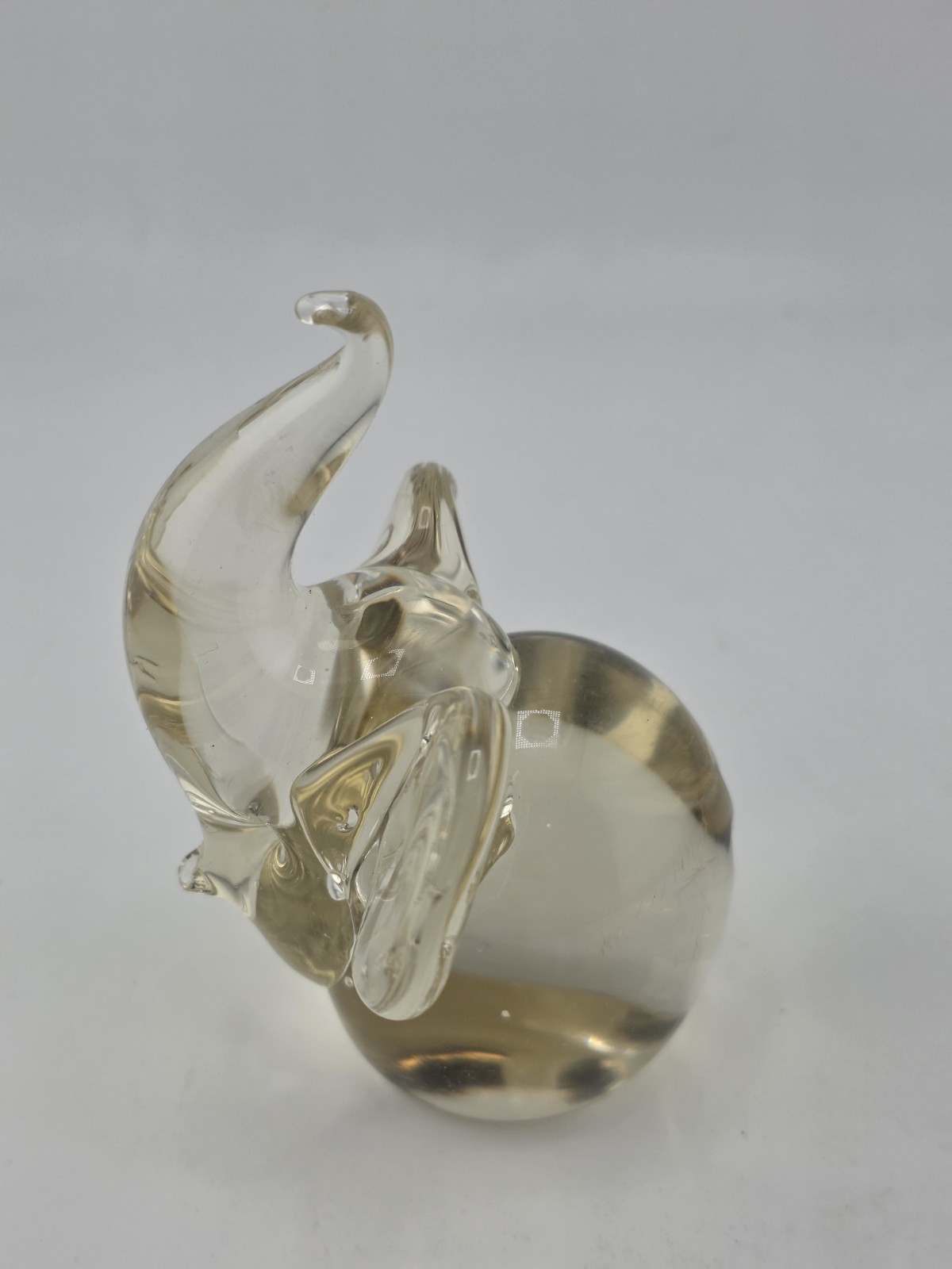 Elephant Glass Figurine /Paperweight Heavy Clear Glass Trunk Up Yellow Tint