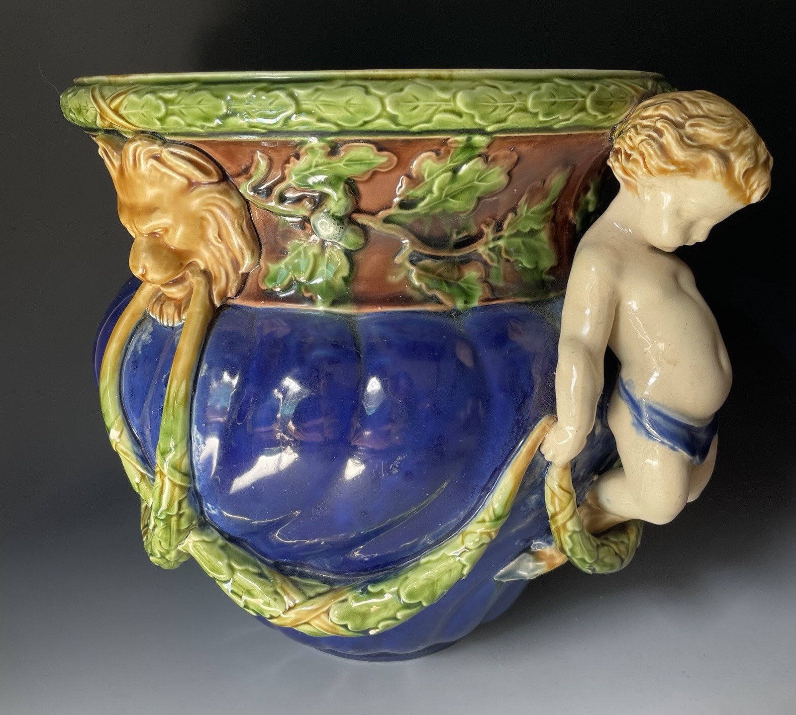 FINE Antique Minton Majolica Neoclassical Planter Cache Pot Faun & Lions 19th C.