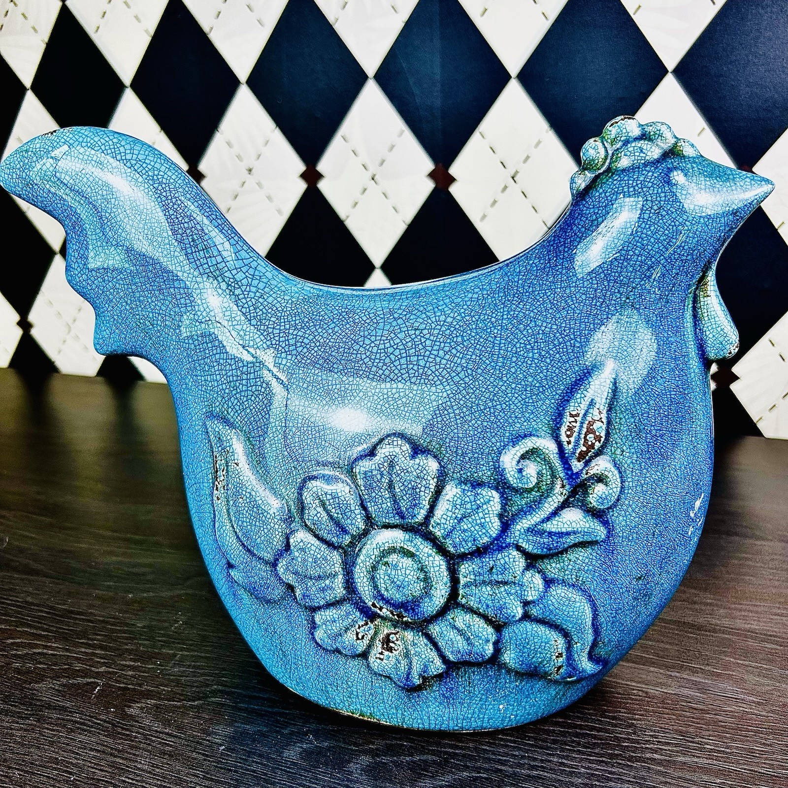 Large Danish Midcentury 13″ Ceramic Hen 1960s Turquoise Crackle Glaze Sculpture
