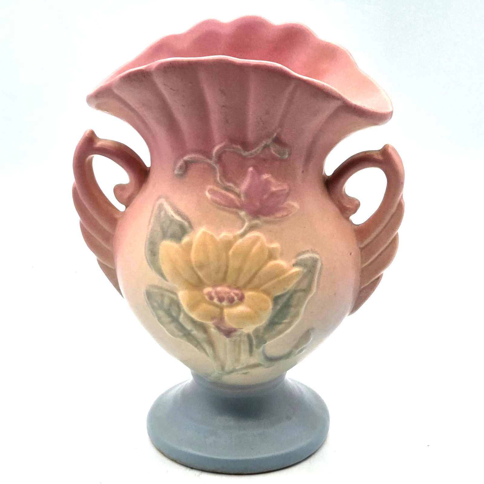 Hull Art Pottery Magnolia Vase Double Handles Pink Yellow Blue 7″ Tall VINTAGE