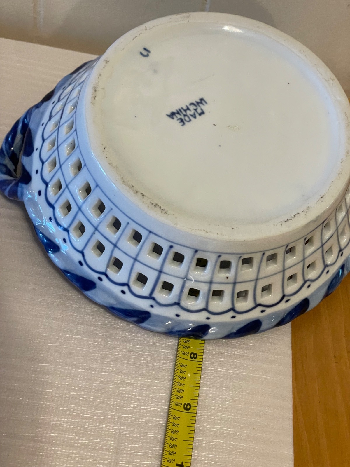 Ceramic Bowl Basket Lattice Fruit With Handles White Blue 8 Inch 64