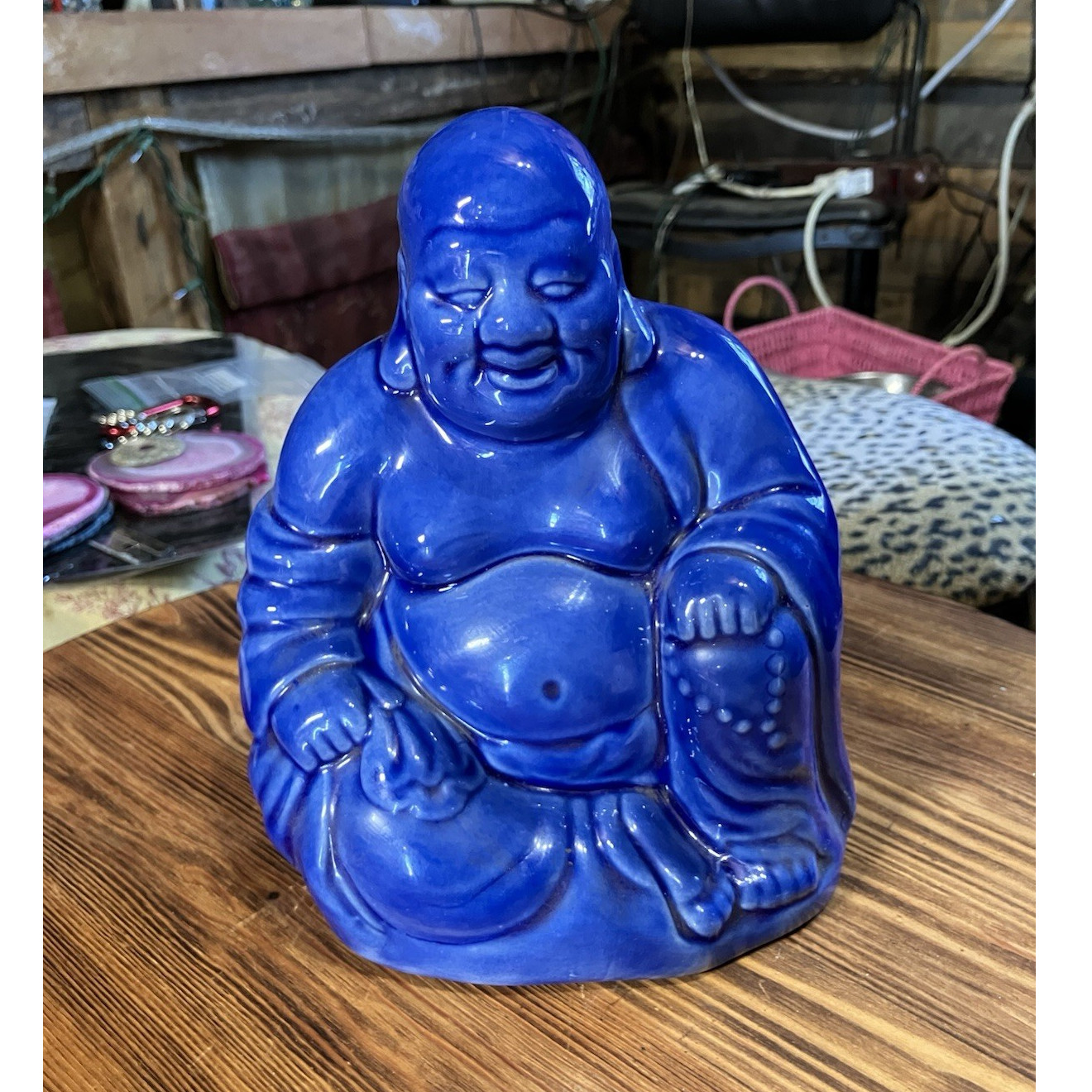 Blue Ceramic Buddha Figurine Vintage 1979 Handmade Signed Mary Alice Glossy