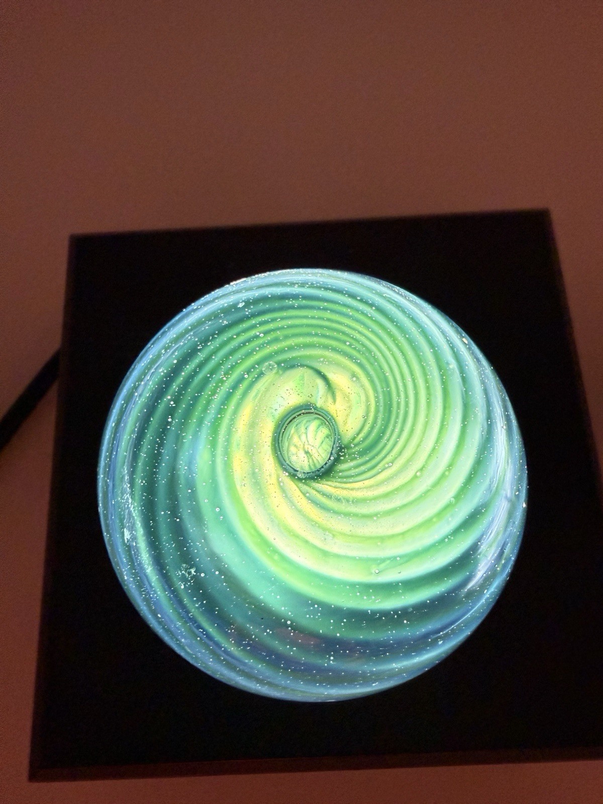 Island Studio Glass Guernsey Blue Green Swirl Art Glass Paperweight w/ Sticker