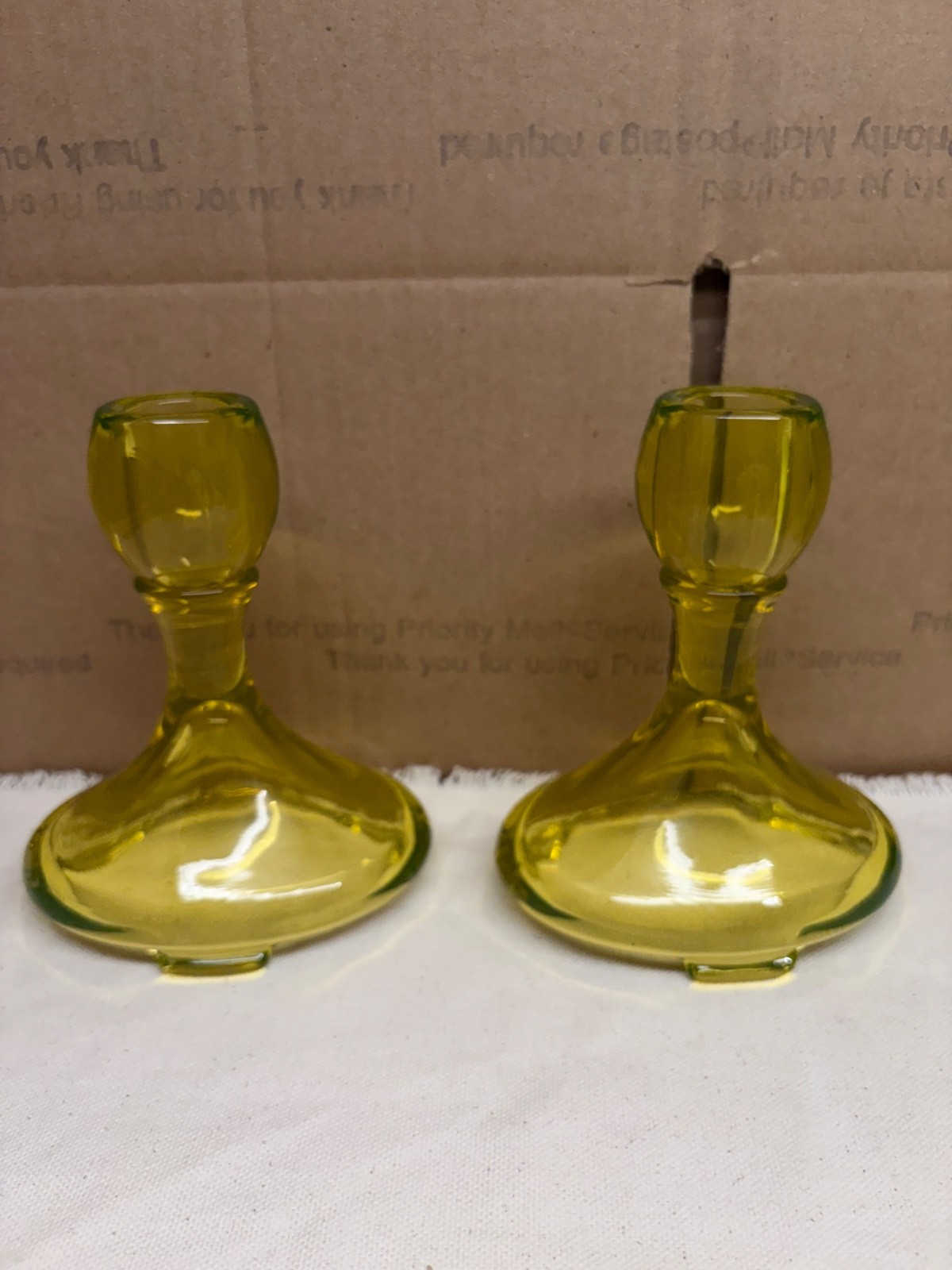 Vintage Fostoria candlestick pair URANIUM GLASS canary yellow vaseline