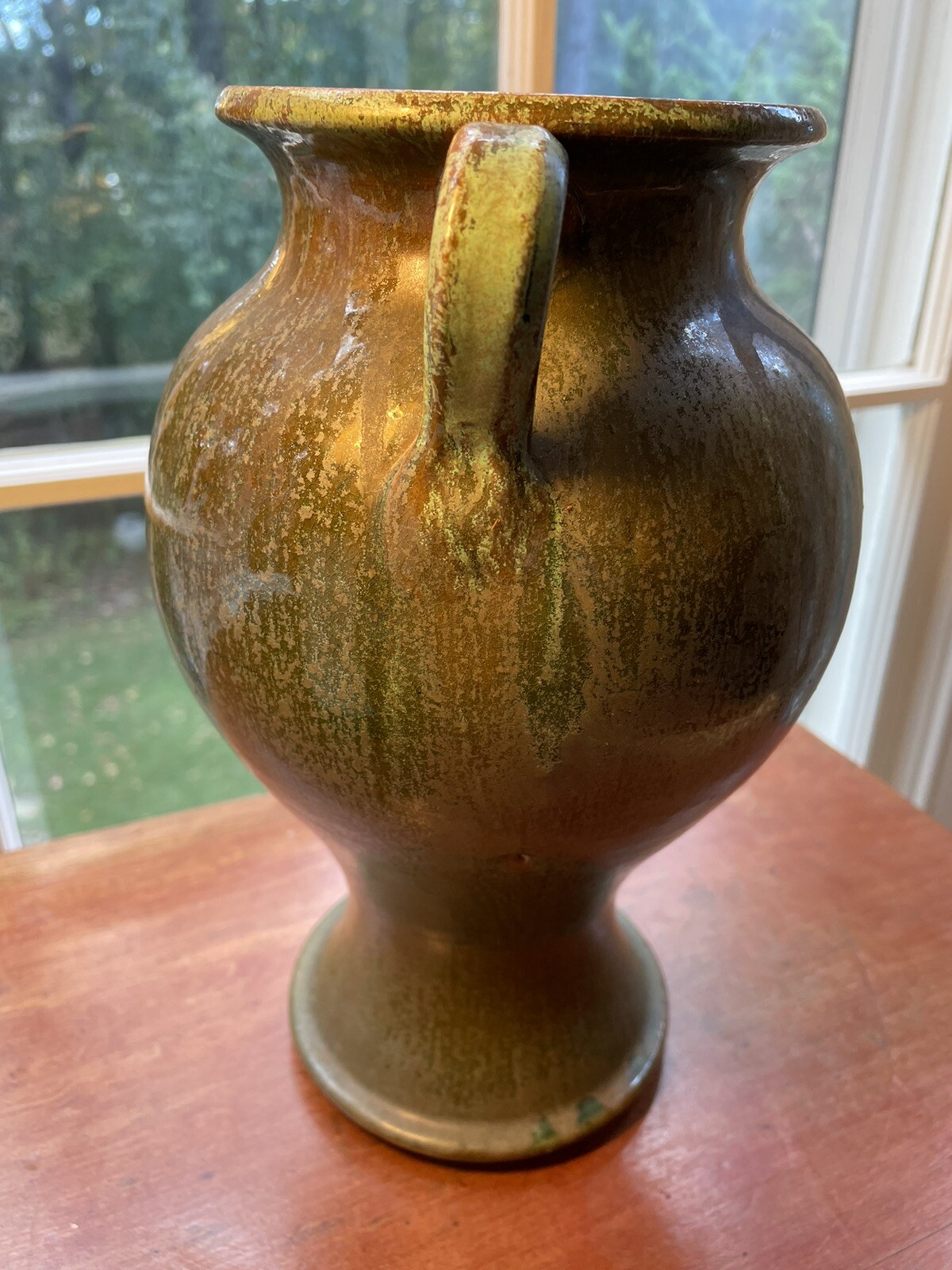 Vintage N. Carolina Pottery A. R. Cole Green Rutile Glaze Vase Handles 10 1/4 “