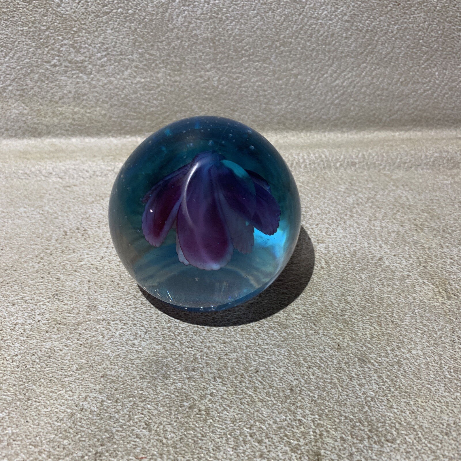 Pink Water Lily or Lotus Flower in Aqua Blue Water Glass Paperweight 2.25” Tall
