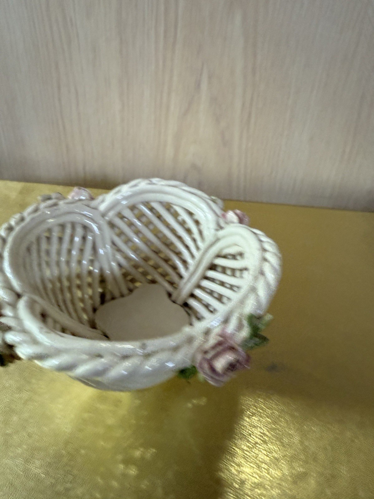 Vintage Italy Lattice Porcelain Woven Basket Bowl Trinket Dish With 3D Roses