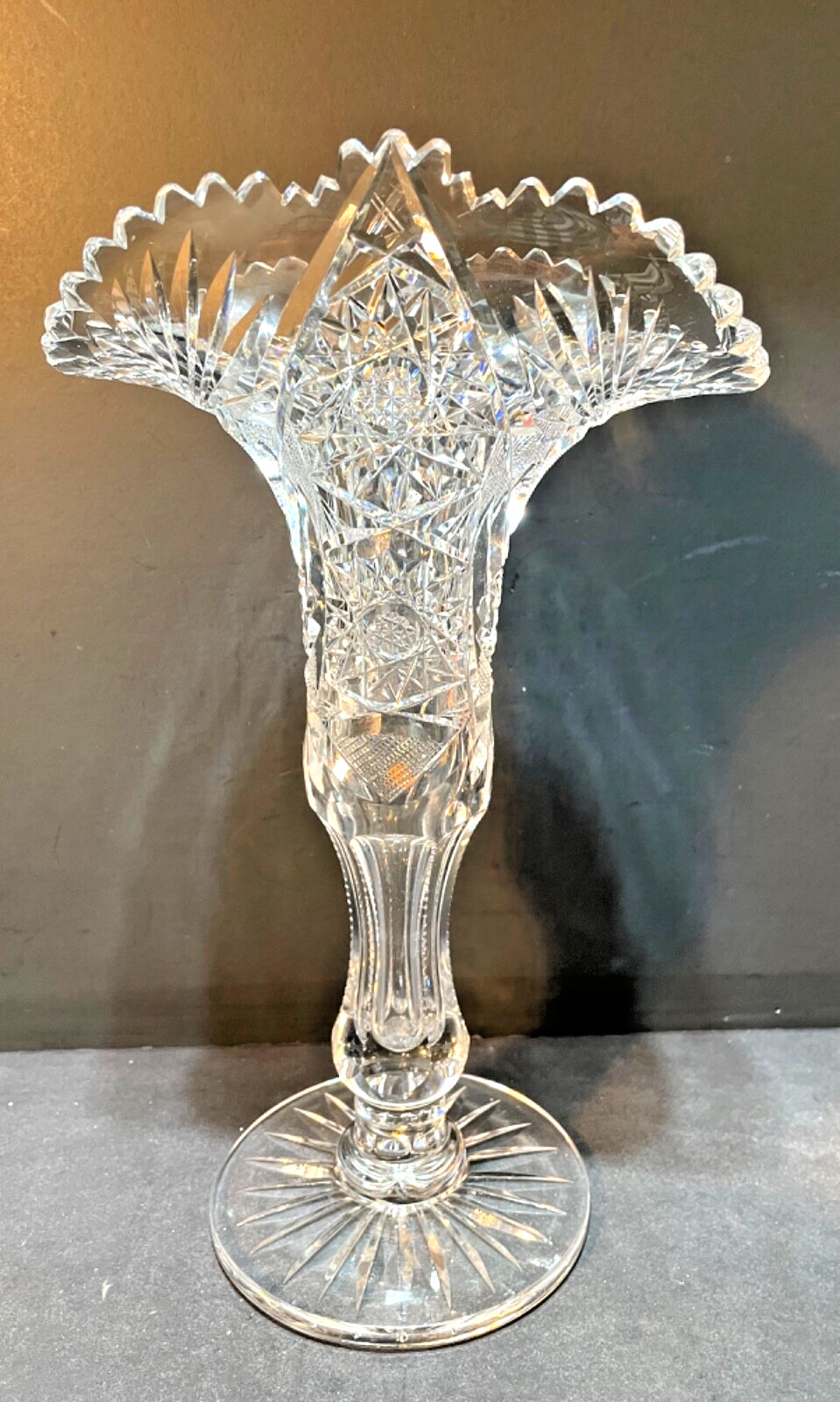 Tuthill ABP Cut Crystal Flared Fan Trumpet Vase 12″ 4lb Excellent