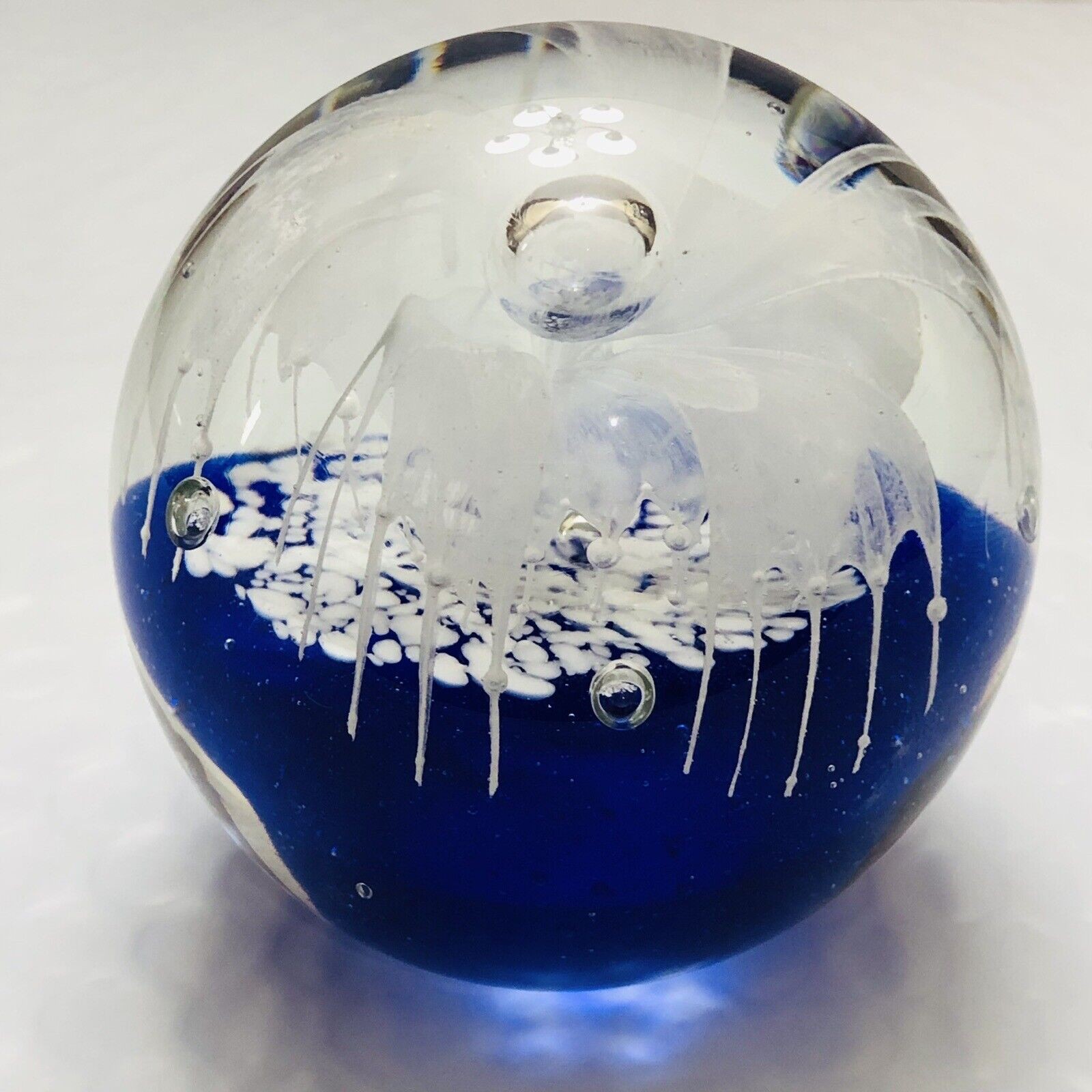 Blown Art Glass Paperweight White Lily Flower Cobalt BL. Silvestri Gift Decor ￼￼