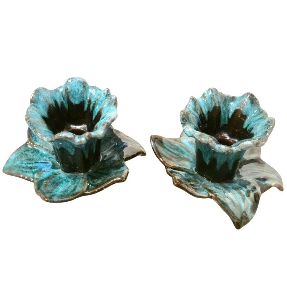 Vintage Pottery Candlestick Holders Daffodil Black turquoise Drip Glaze set of 2