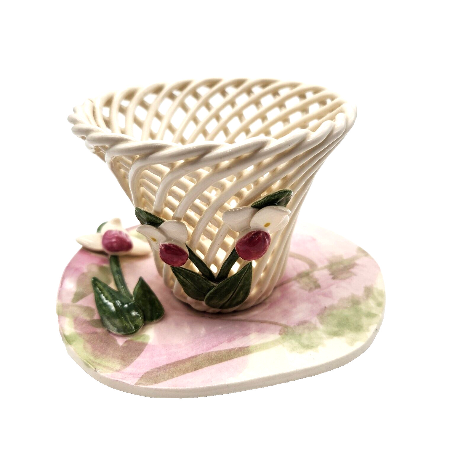 Vintage Woven Lattice Basket Saucer White Ceramic Reticulated Capidamonte Style
